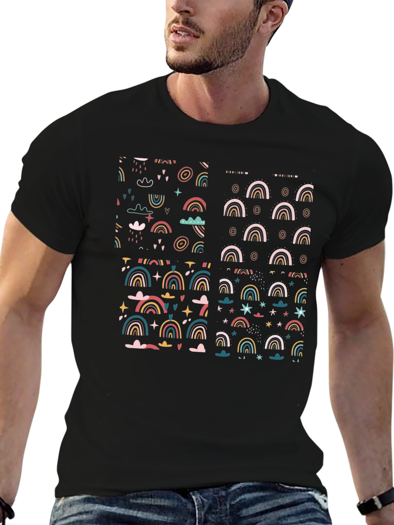Rainbow Patterned Black T-Shirt