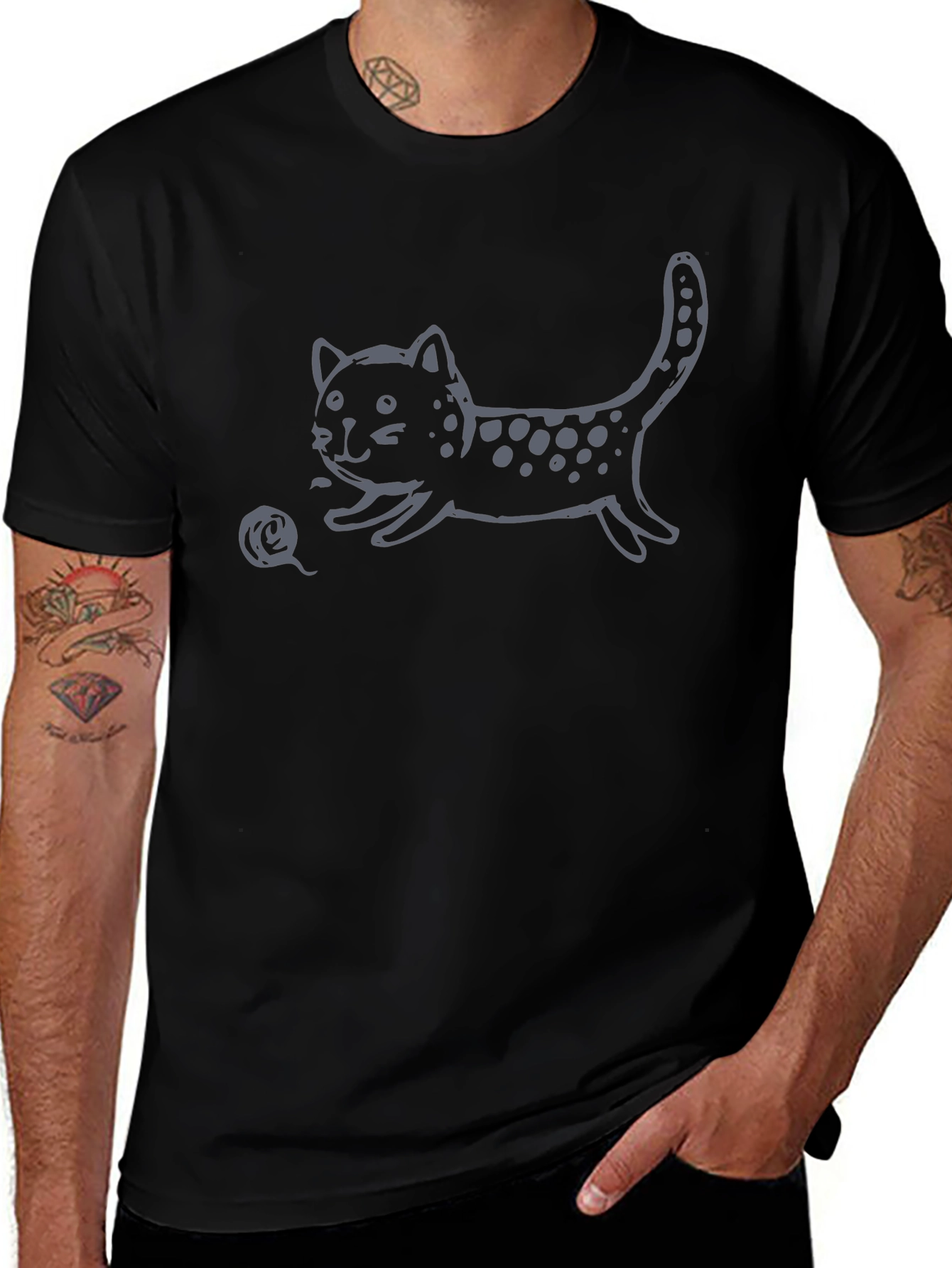 Playful Cat Graphic Tee - Black Cotton Comfort