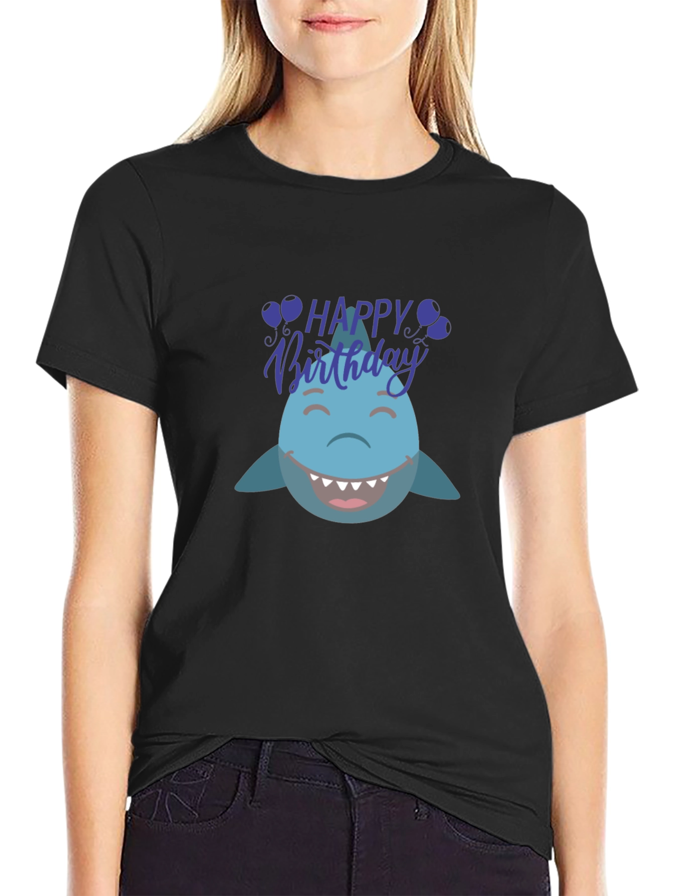 Happy Birthday Shark Graphic Tee - Black