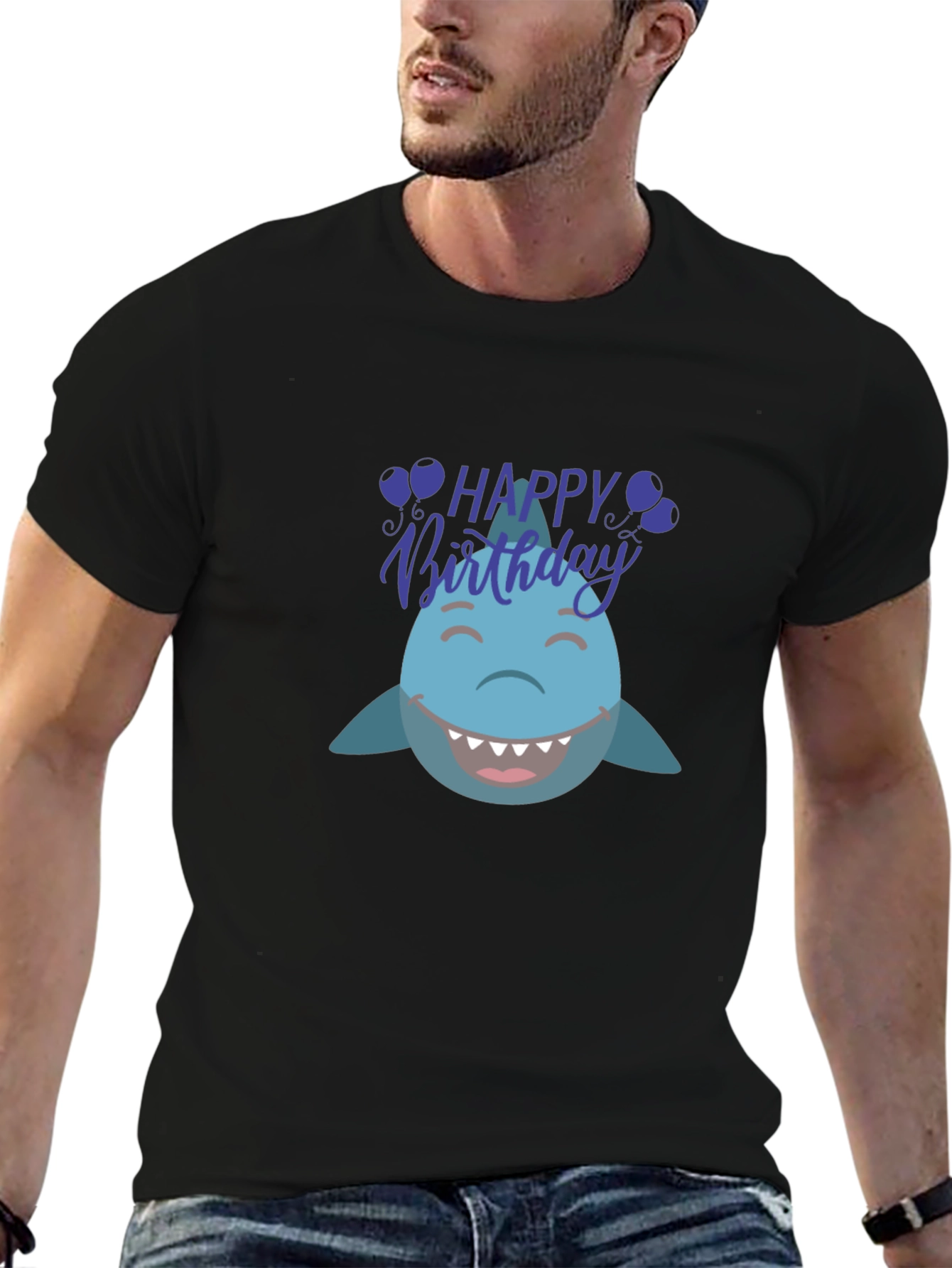 Happy Birthday Shark Graphic Tee - Black