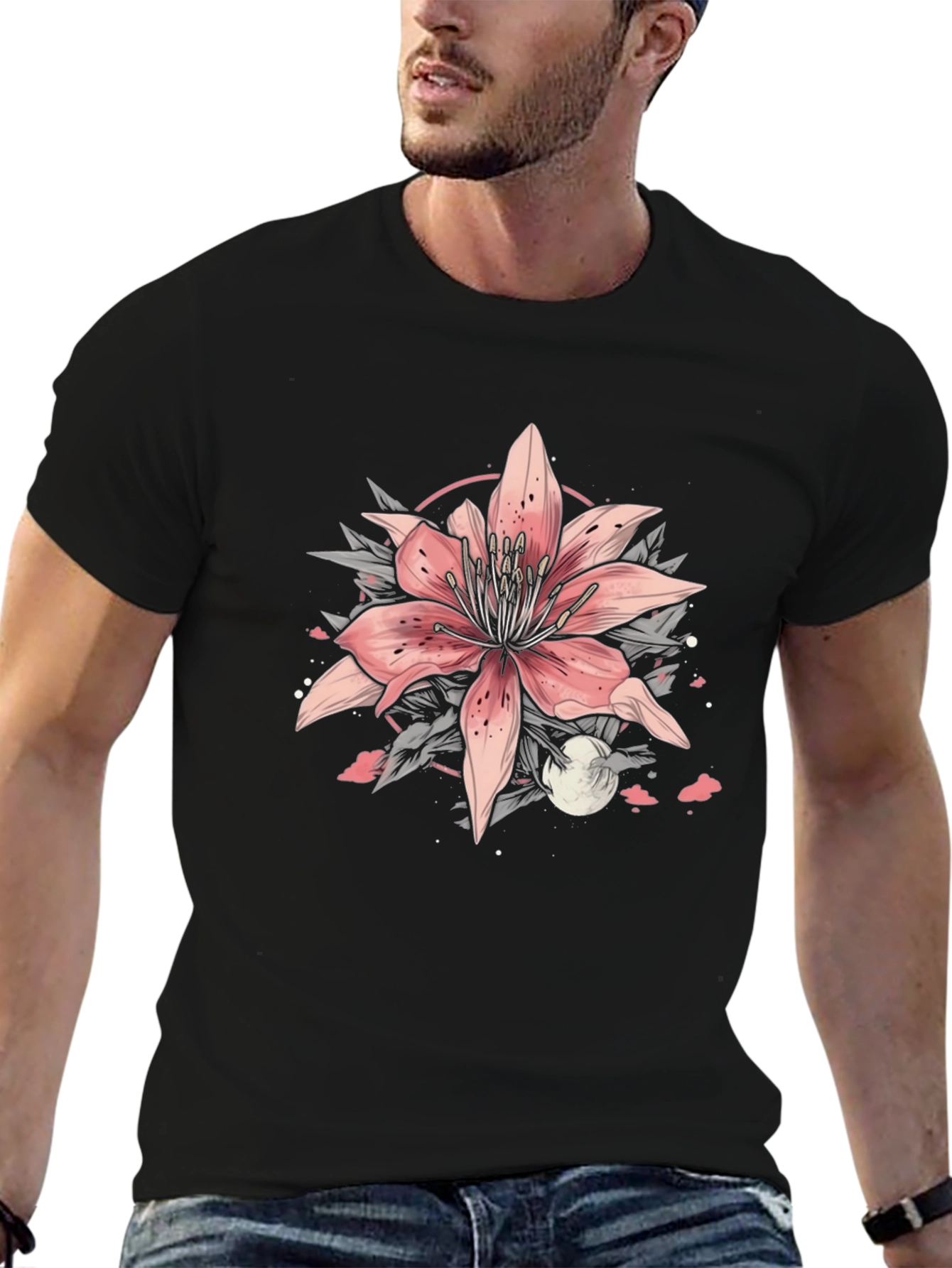 Floral Lily Graphic Tee - Stylish Black T-Shirt