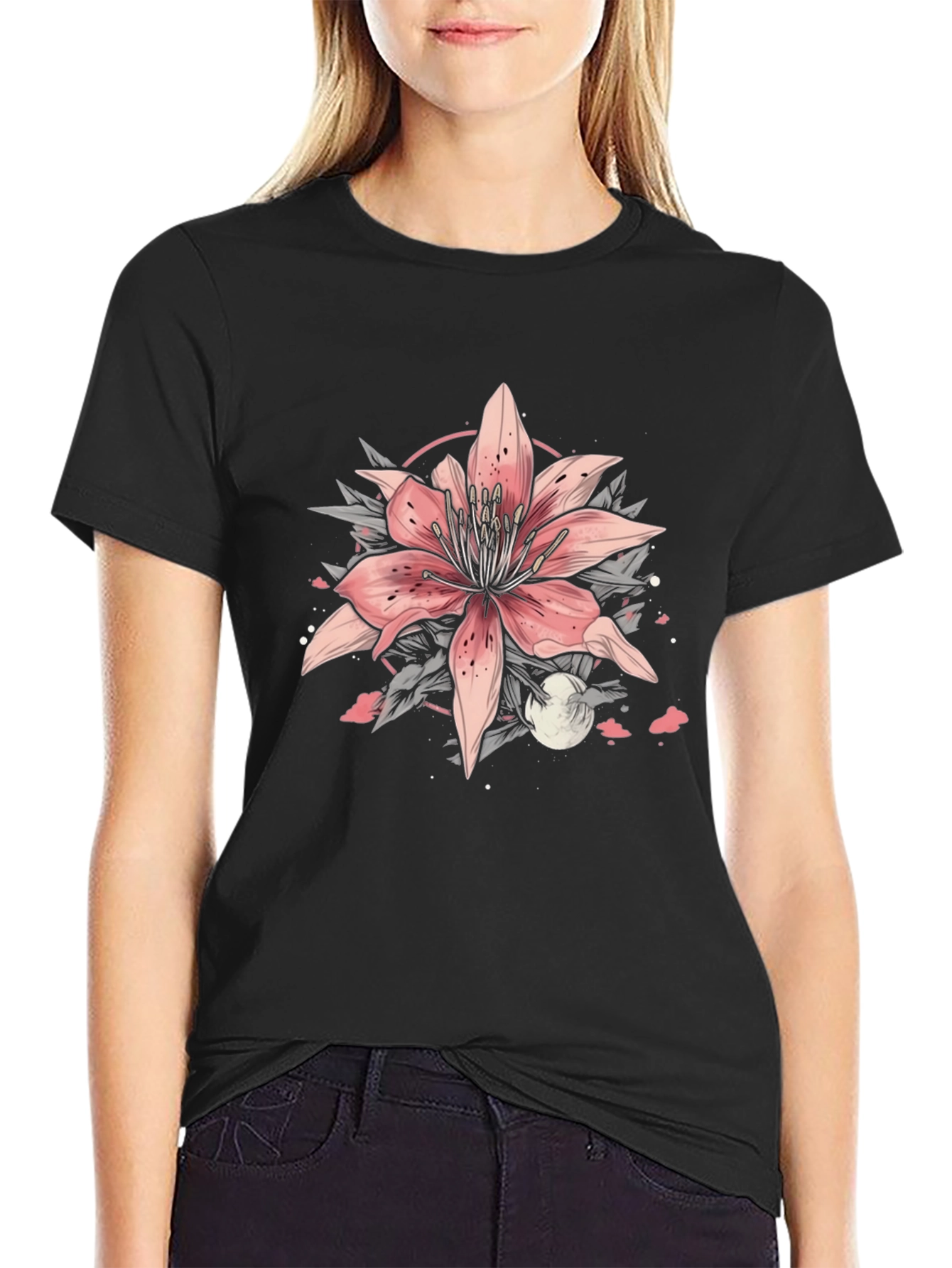 Floral Lily Graphic Tee - Stylish Black T-Shirt