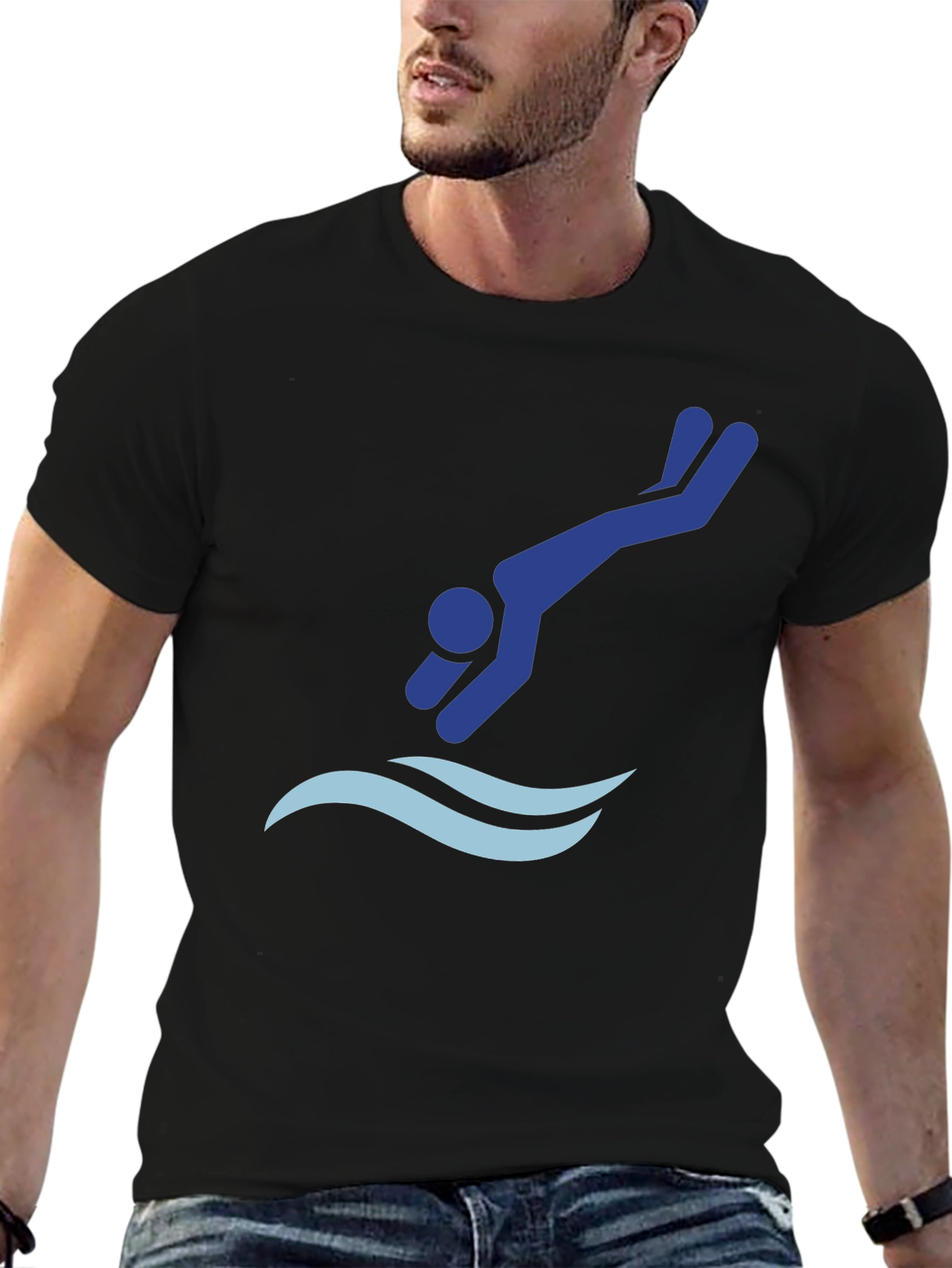 Diving Silhouette Graphic Tee - Black Cotton T-Shirt