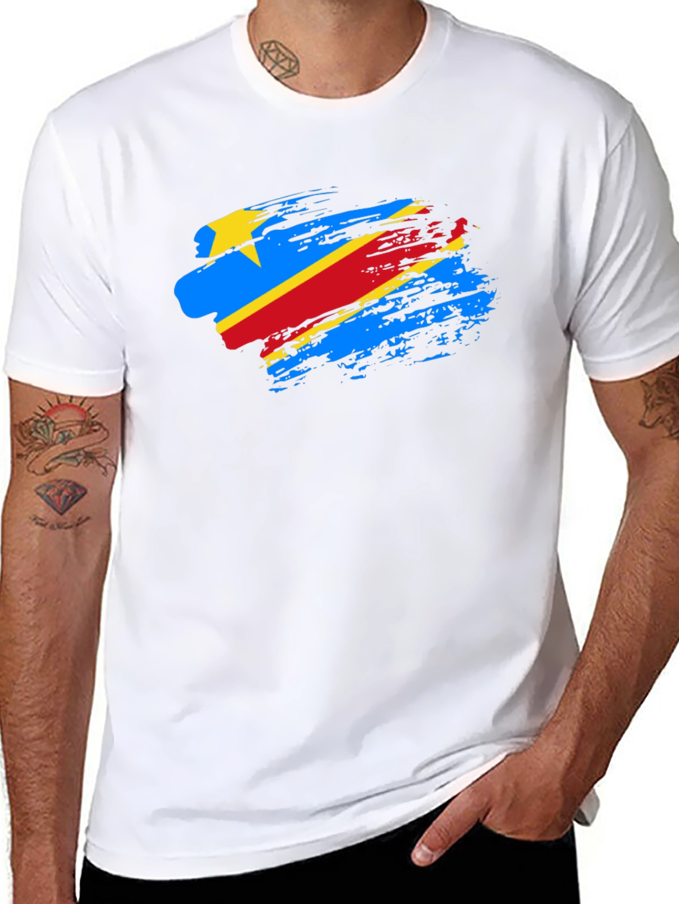 DR Congo Flag Brush Stroke Black T-Shirt