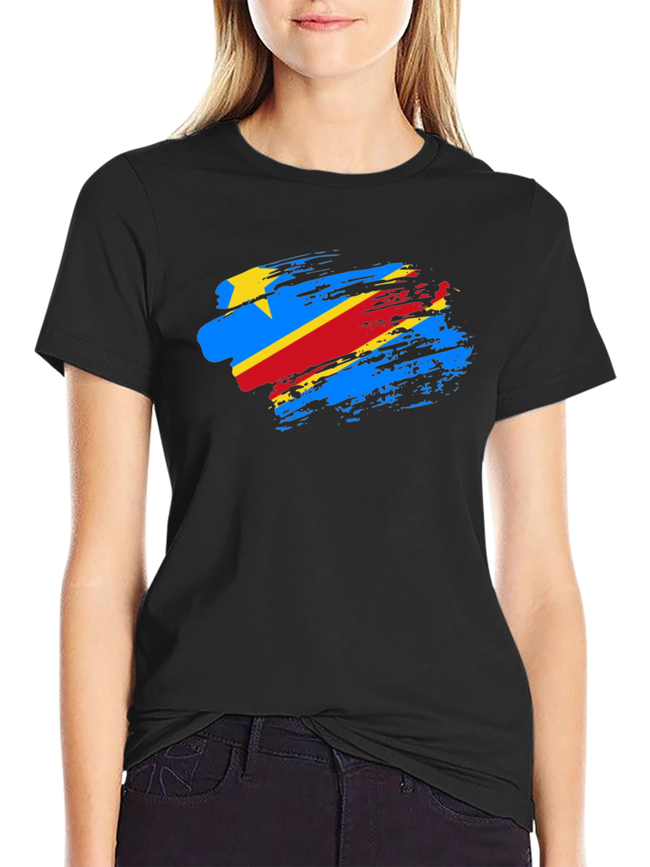 DR Congo Flag Brush Stroke Black T-Shirt