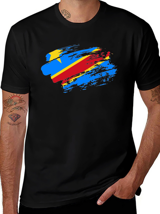 DR Congo Flag Brush Stroke Black T-Shirt
