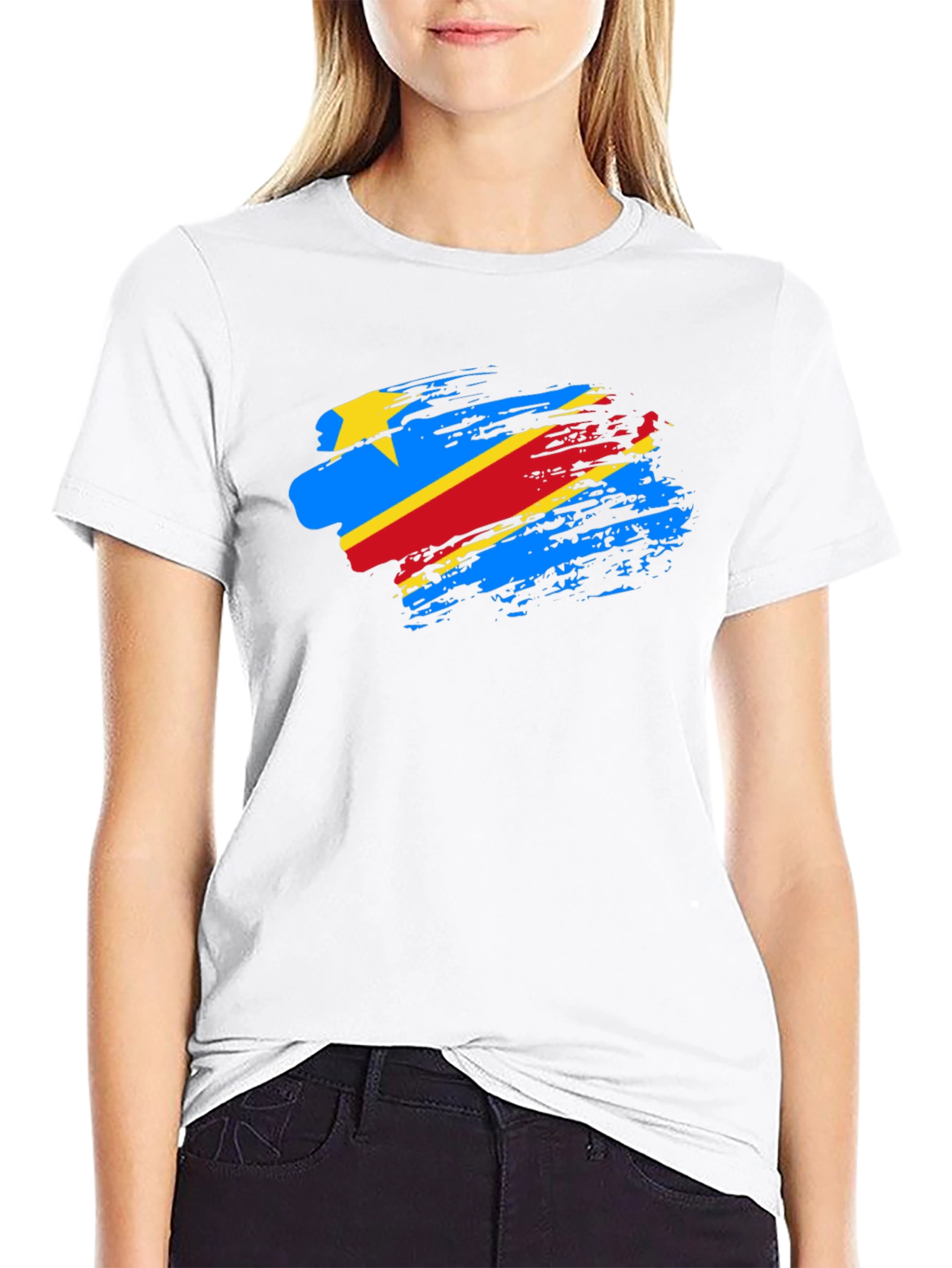 DR Congo Flag Brush Stroke Black T-Shirt