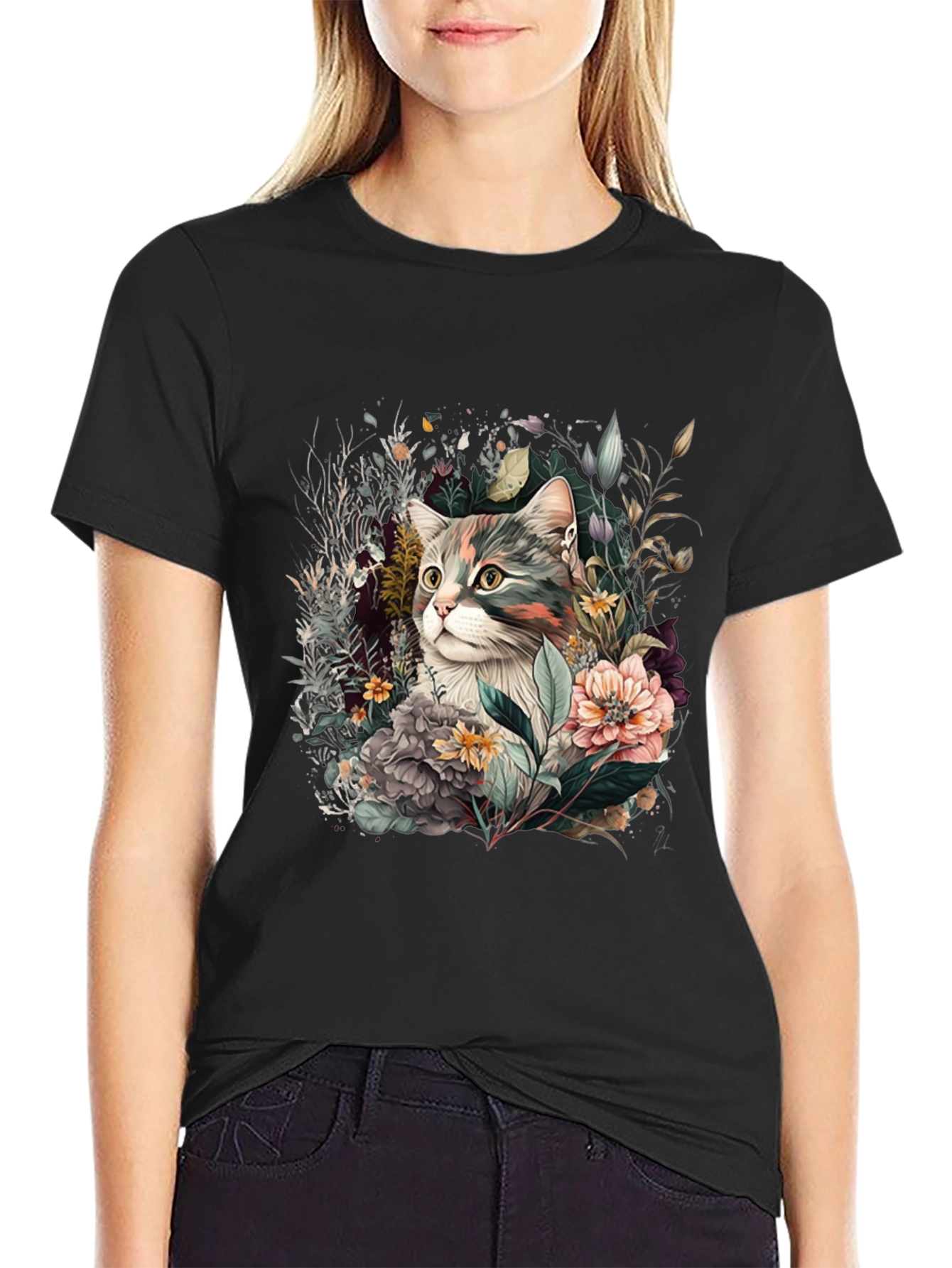 Floral Cat Graphic Tee - Unique Unisex Style