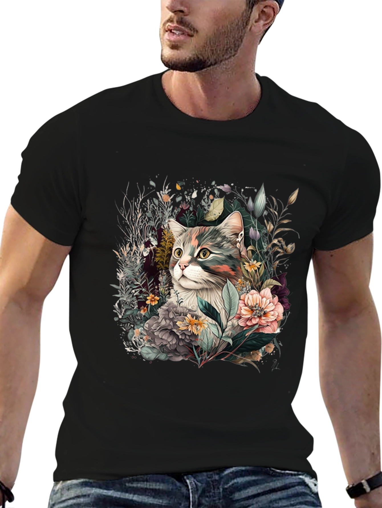 Floral Cat Graphic Tee - Unique Unisex Style
