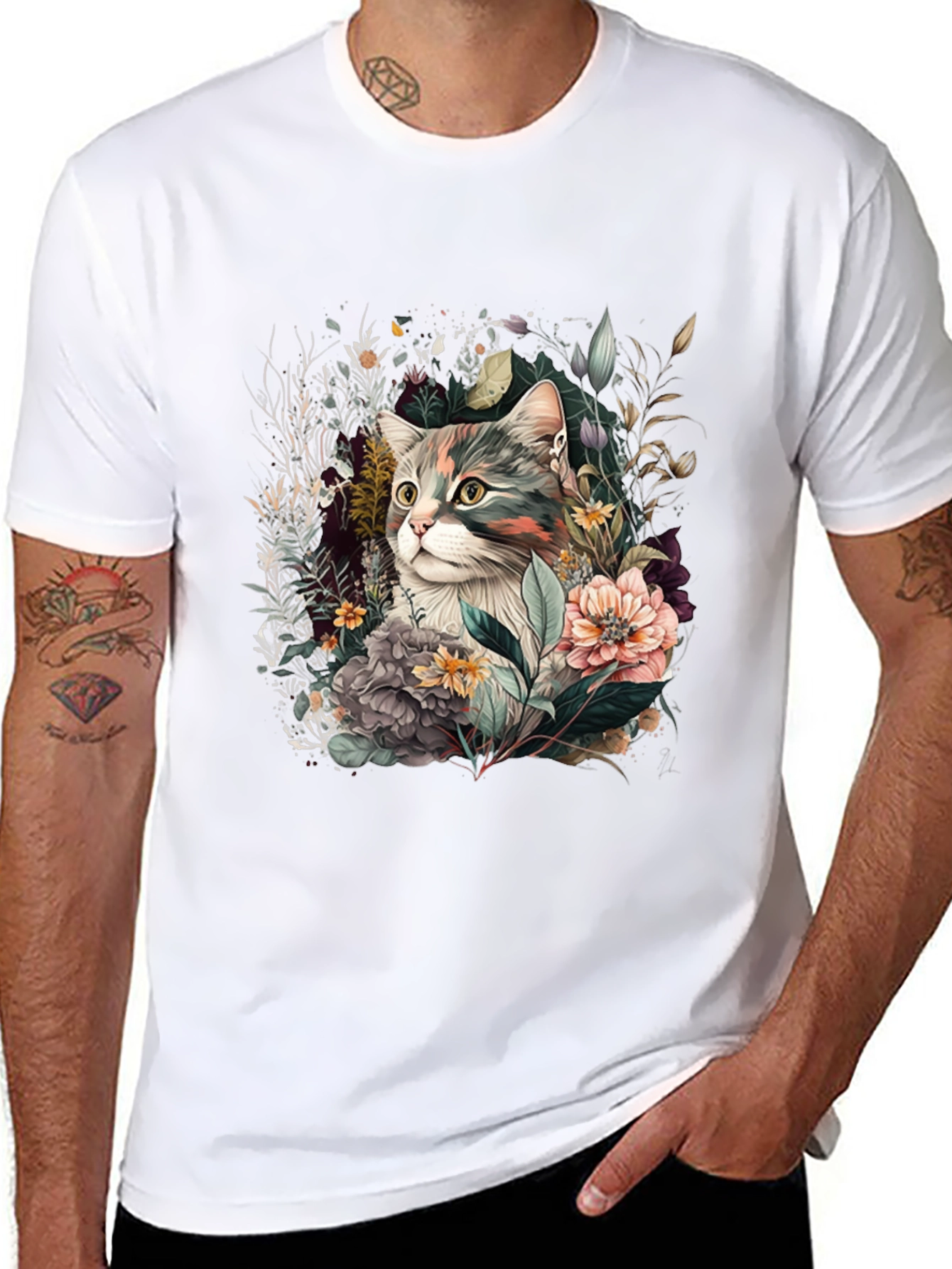 Floral Cat Graphic Tee - Unique Unisex Style