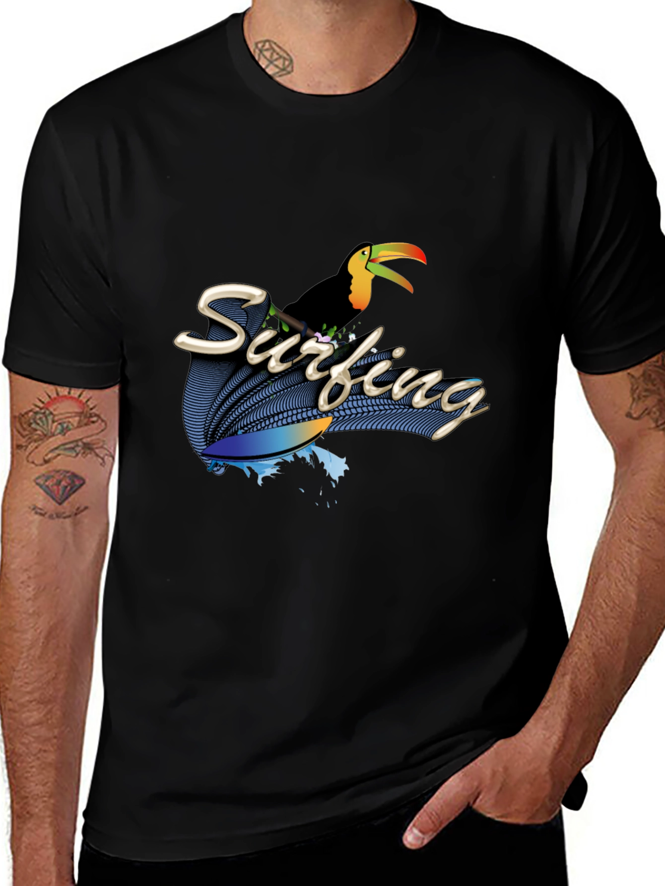Surfing Toucan Black T-Shirt