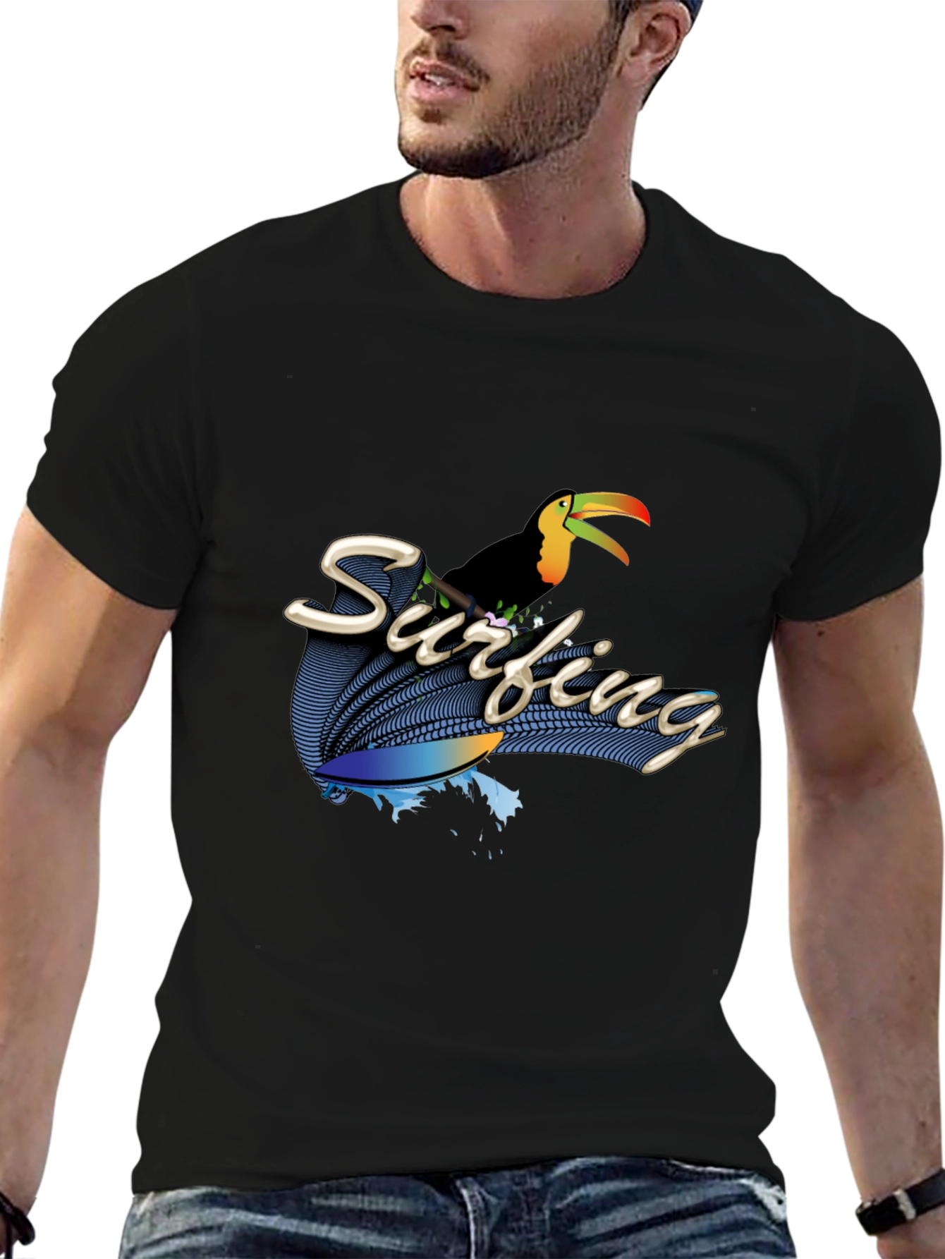Surfing Toucan Black T-Shirt