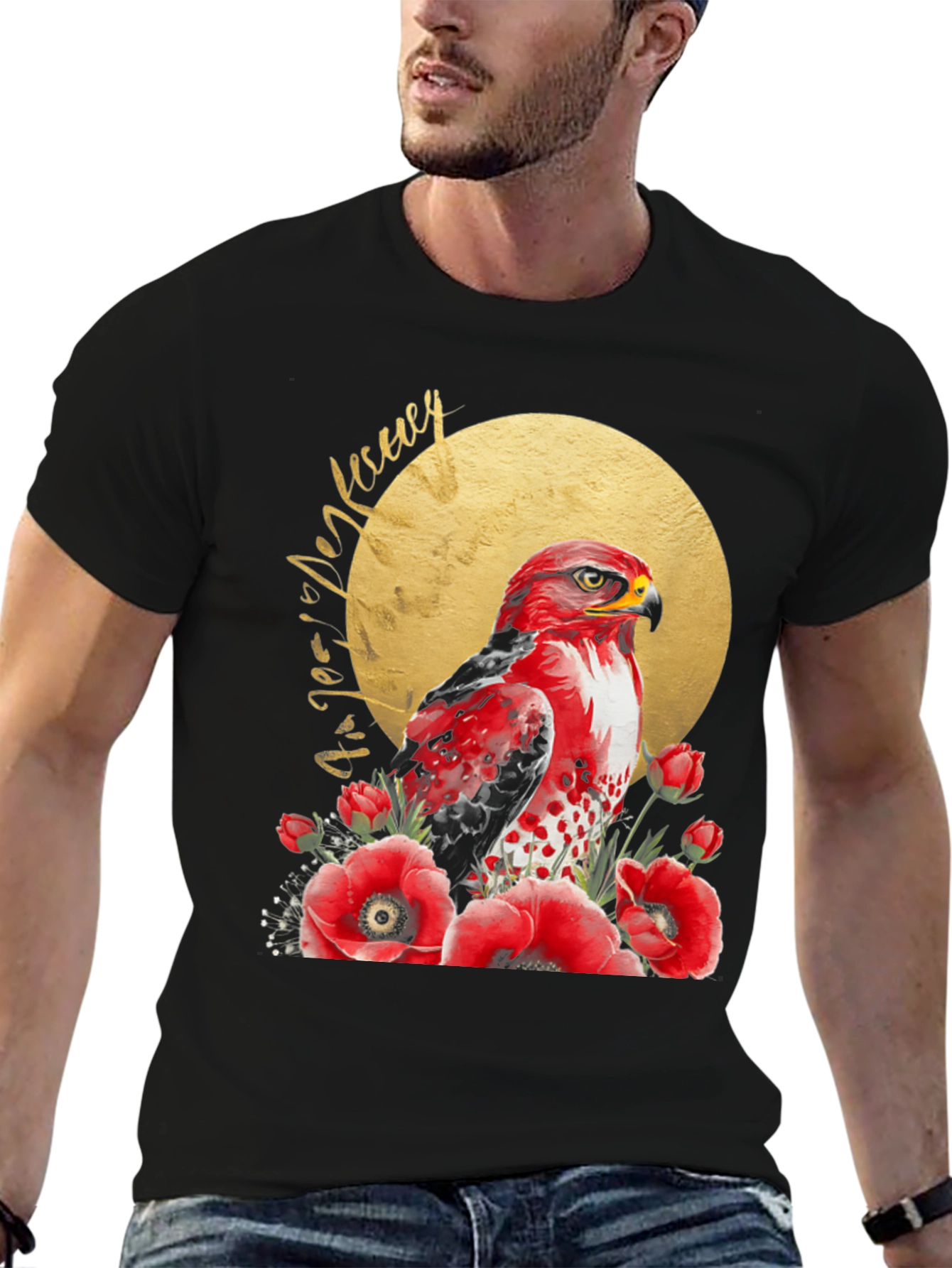 Red Hawk & Poppies Black Graphic Tee