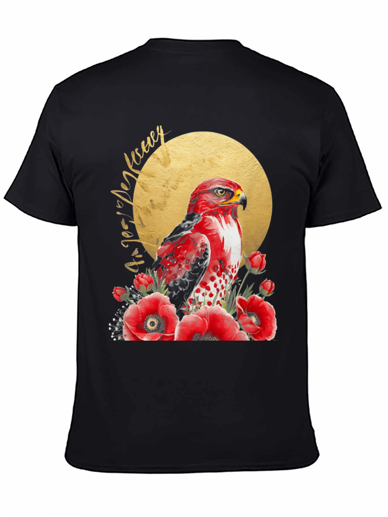 Red Hawk & Poppies Black Graphic Tee