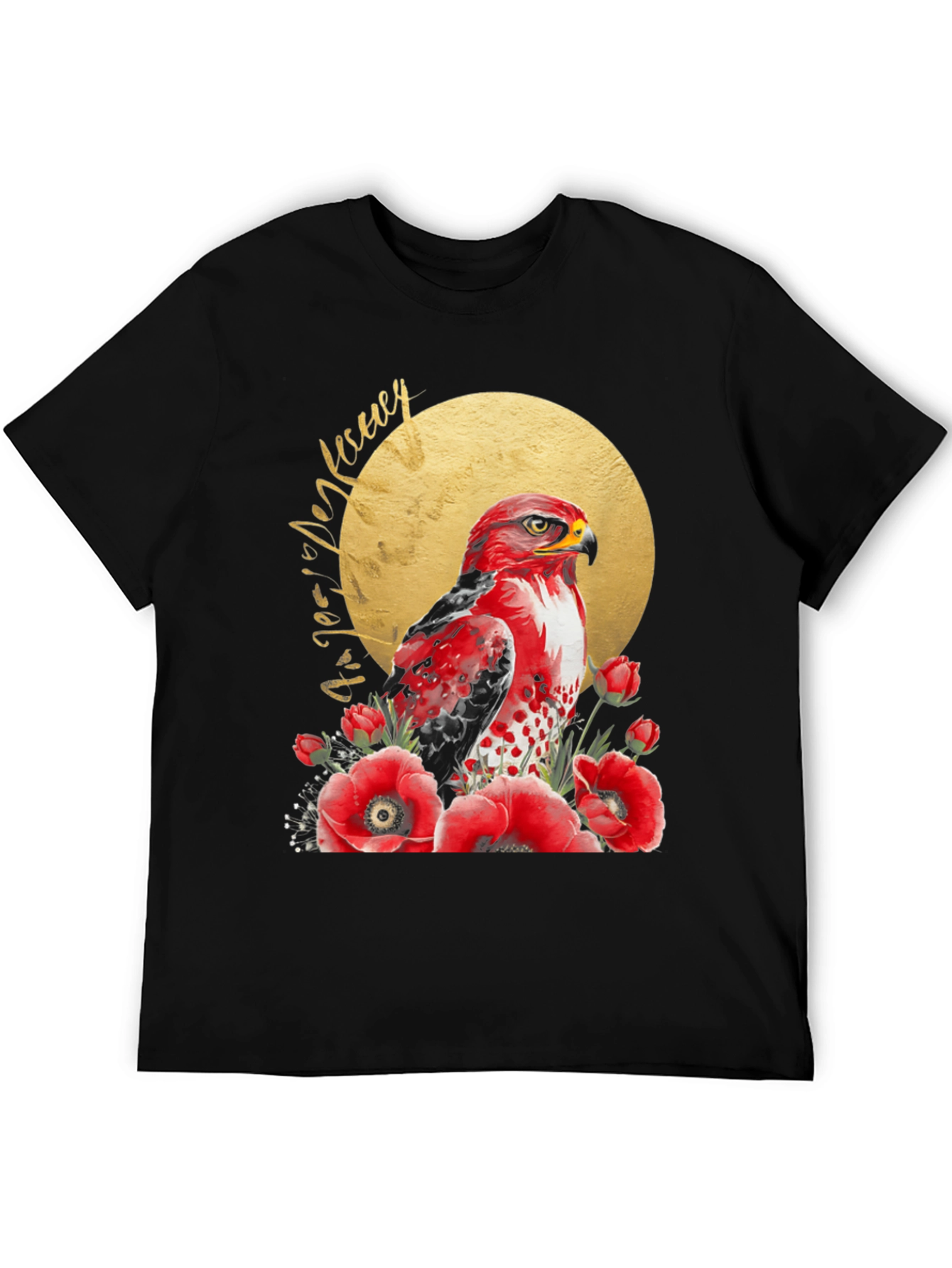 Red Hawk & Poppies Black Graphic Tee