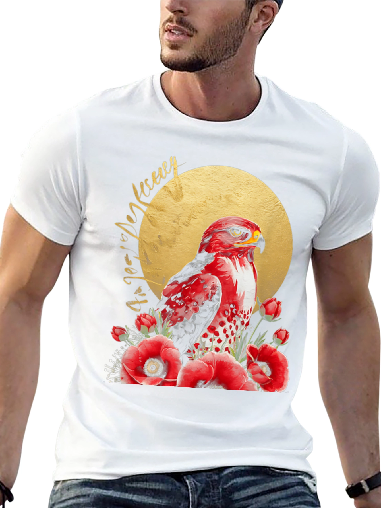 Red Hawk & Poppies Black Graphic Tee