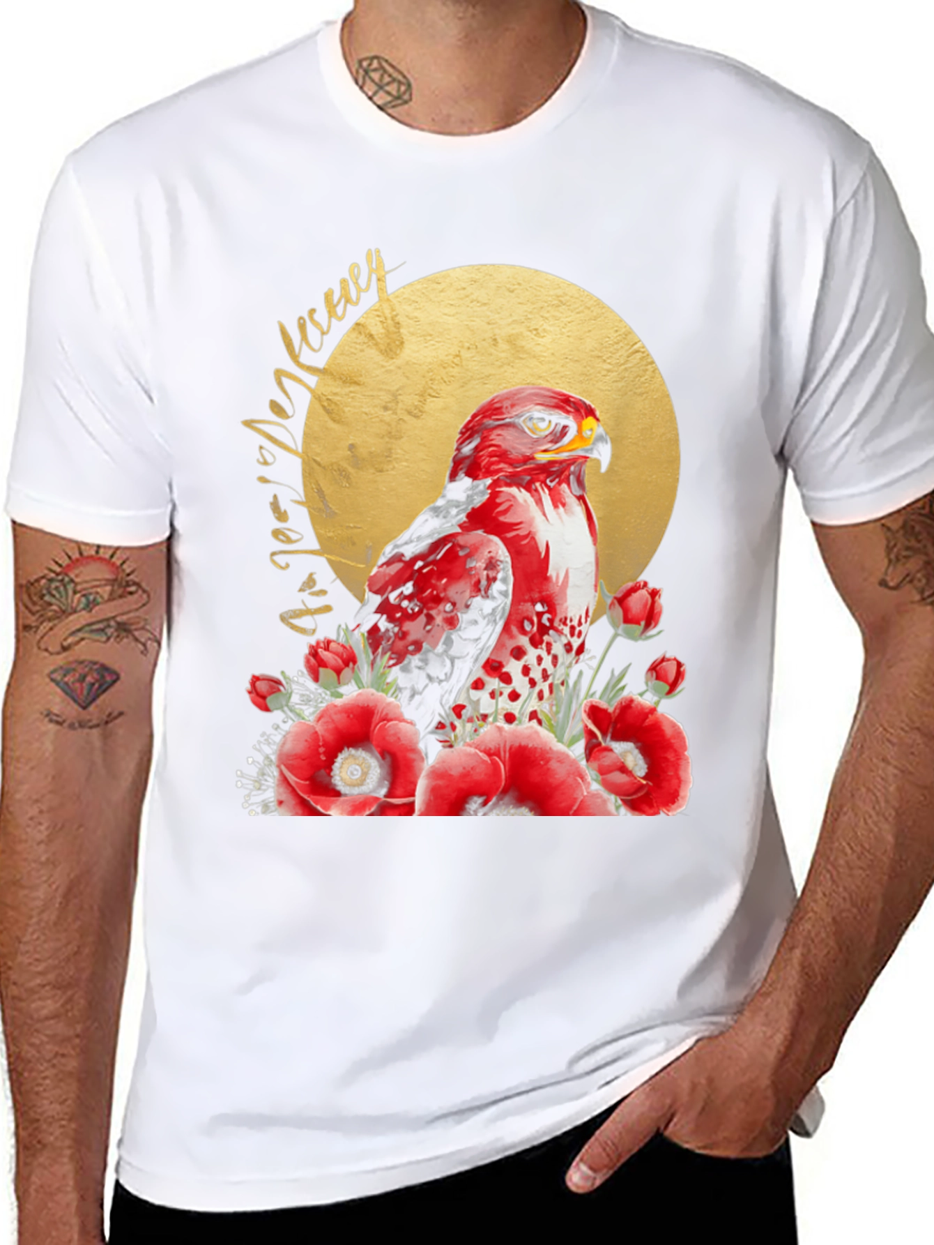 Red Hawk & Poppies Black Graphic Tee