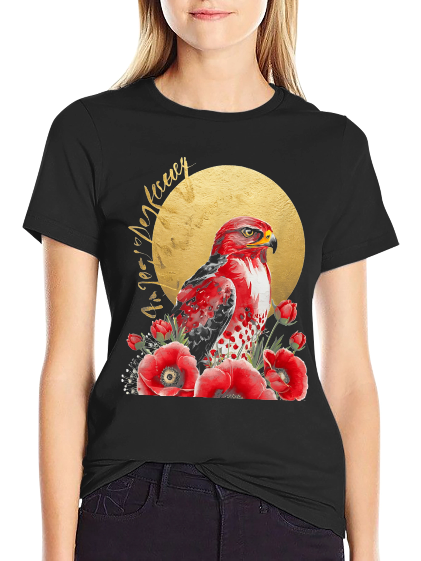 Red Hawk & Poppies Black Graphic Tee