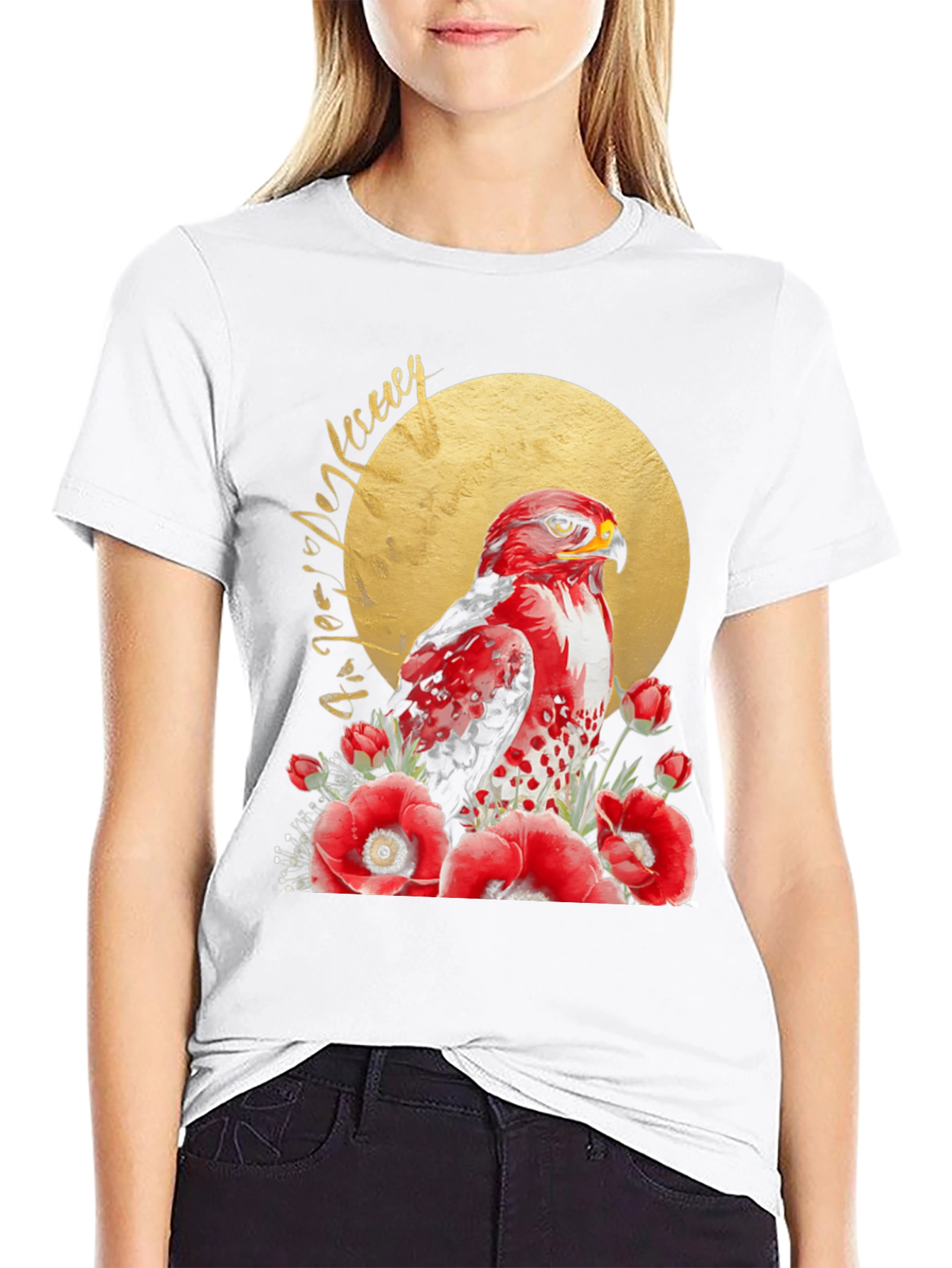 Red Hawk & Poppies Black Graphic Tee