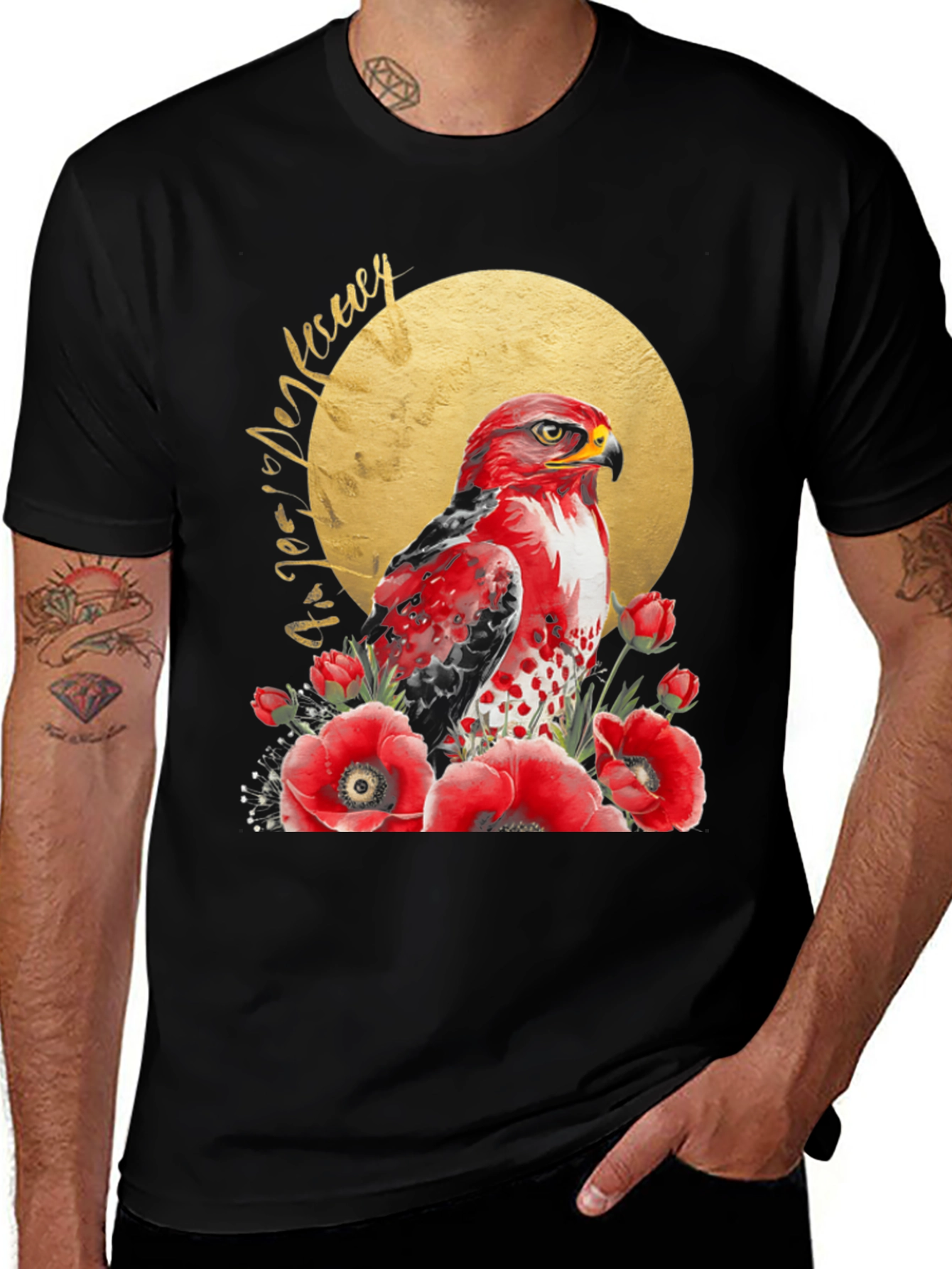 Red Hawk & Poppies Black Graphic Tee