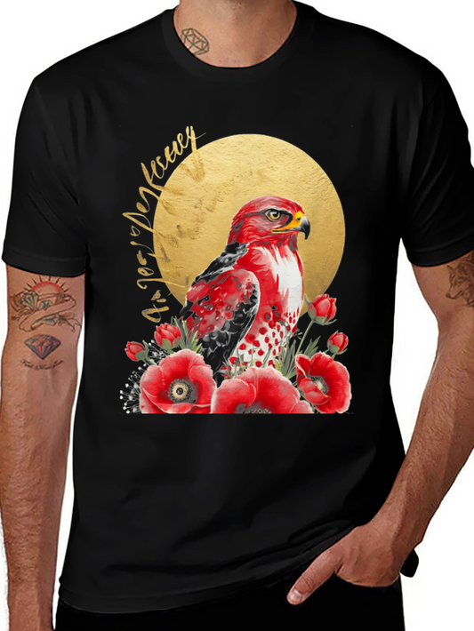Red Hawk & Poppies Black Graphic Tee