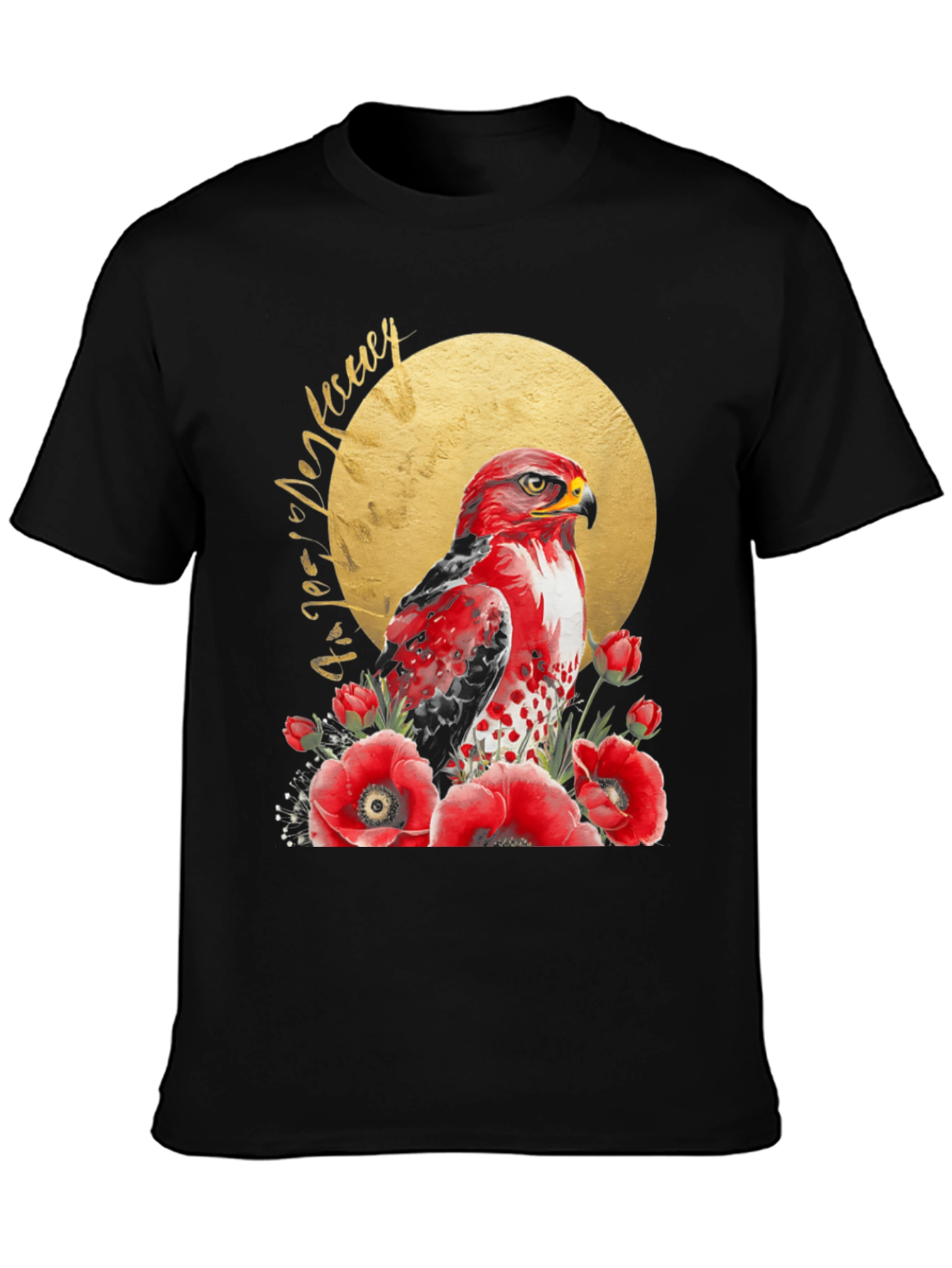 Red Hawk & Poppies Black Graphic Tee