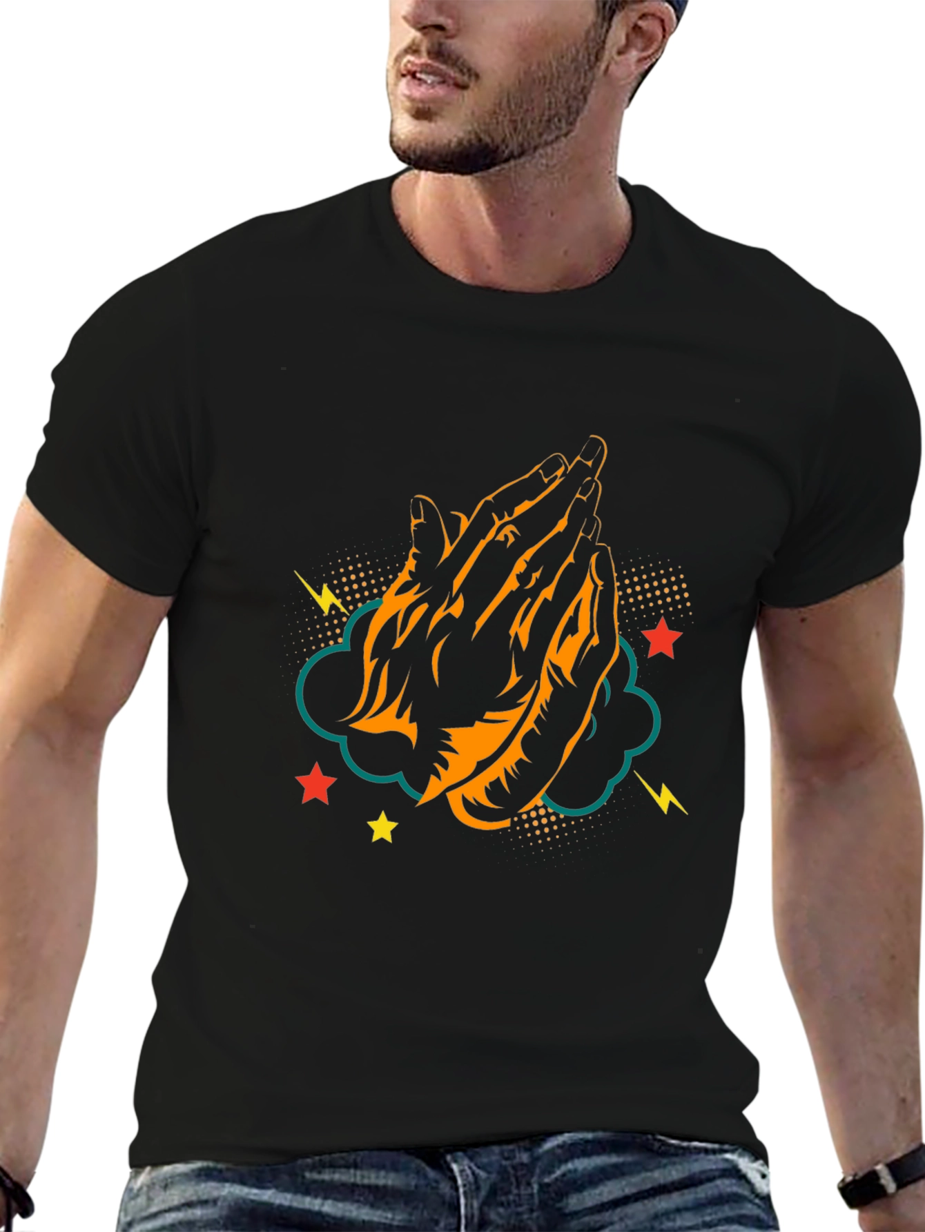 Praying Hands Graphic Tee - Black Cotton T-Shirt