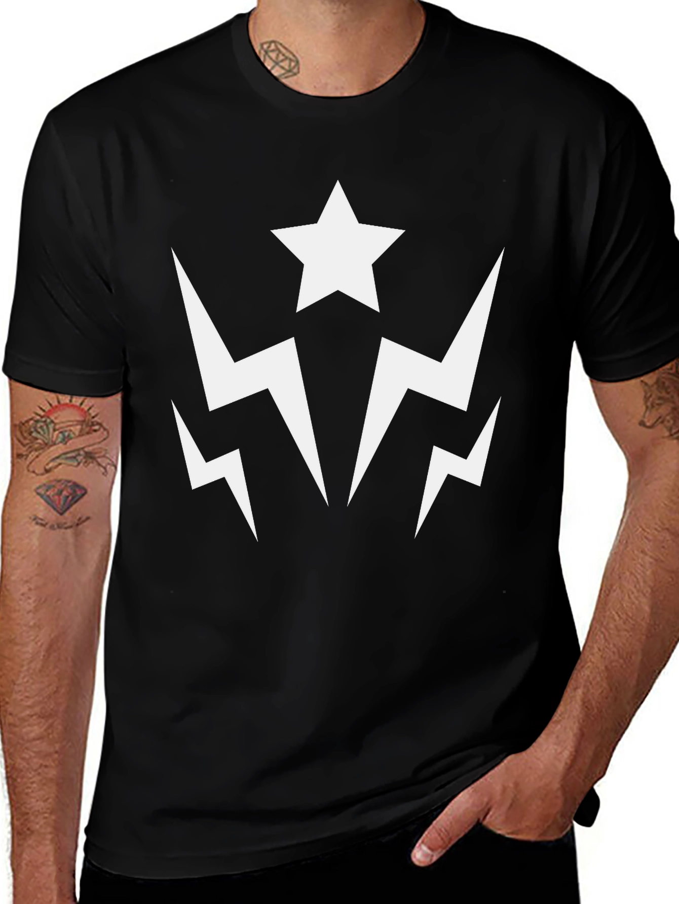 Star Lightning Graphic Tee - Black Cotton Casual Shirt