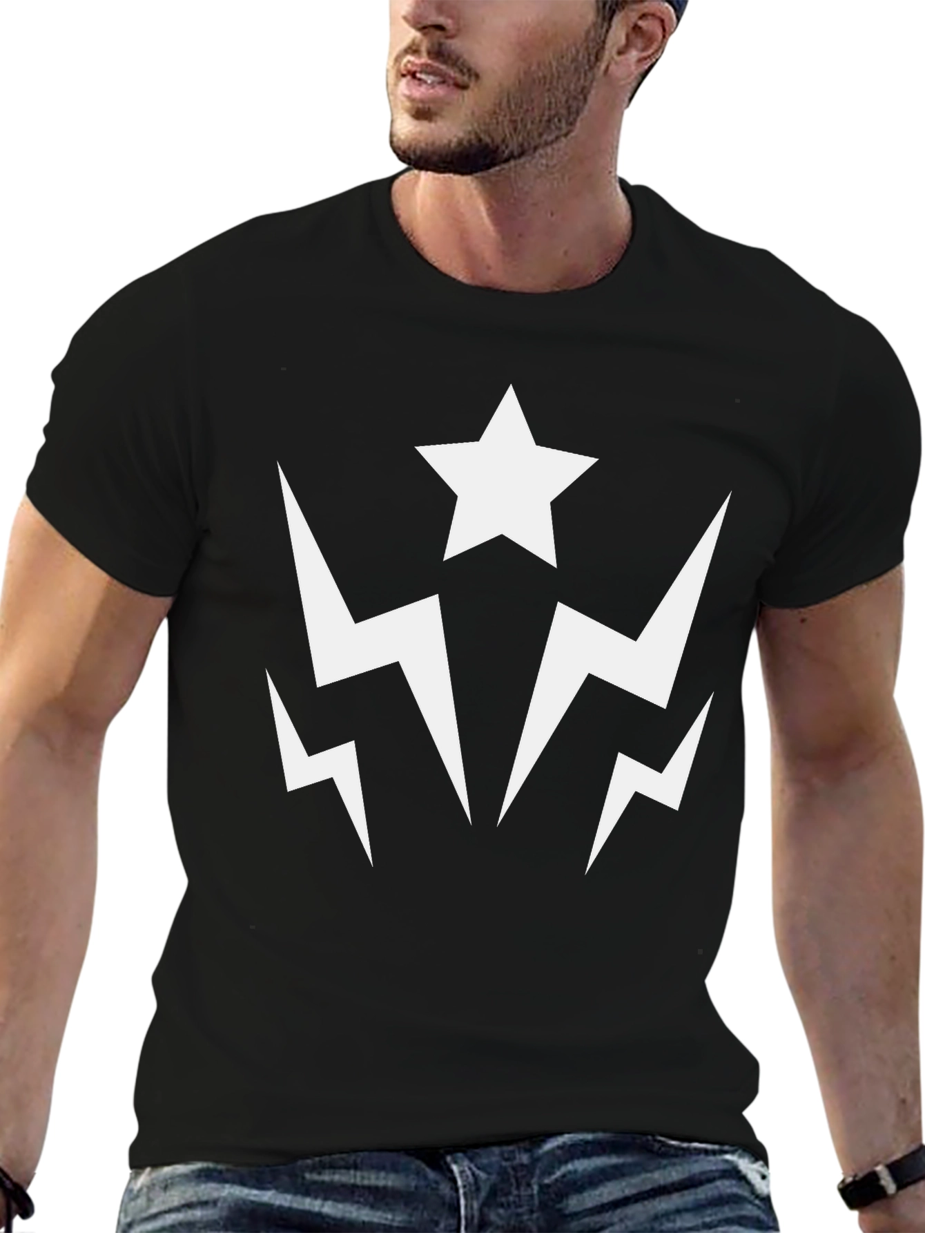Star Lightning Graphic Tee - Black Cotton Casual Shirt