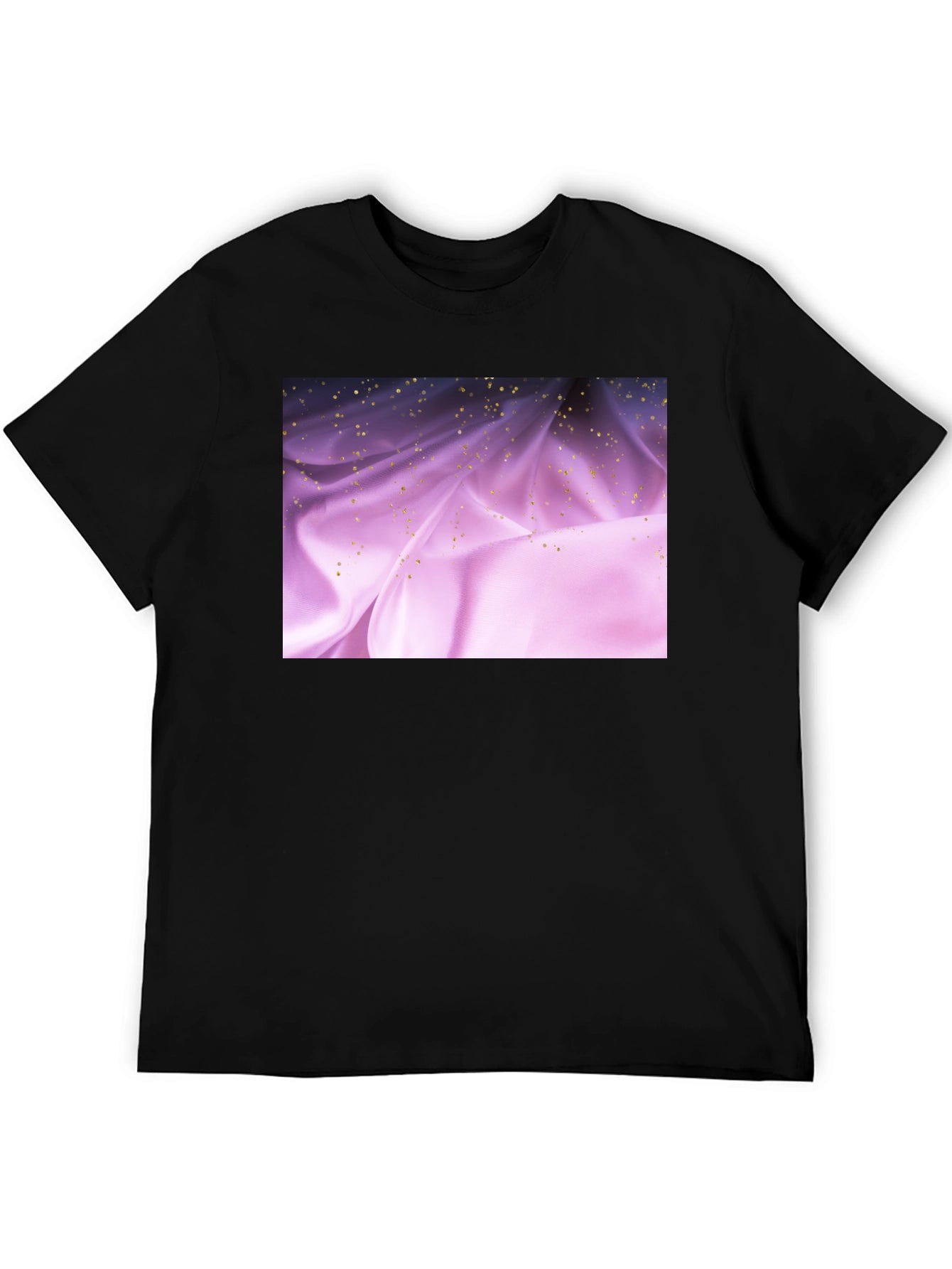Elegant Black Tee with Shimmering Purple Fabric Design