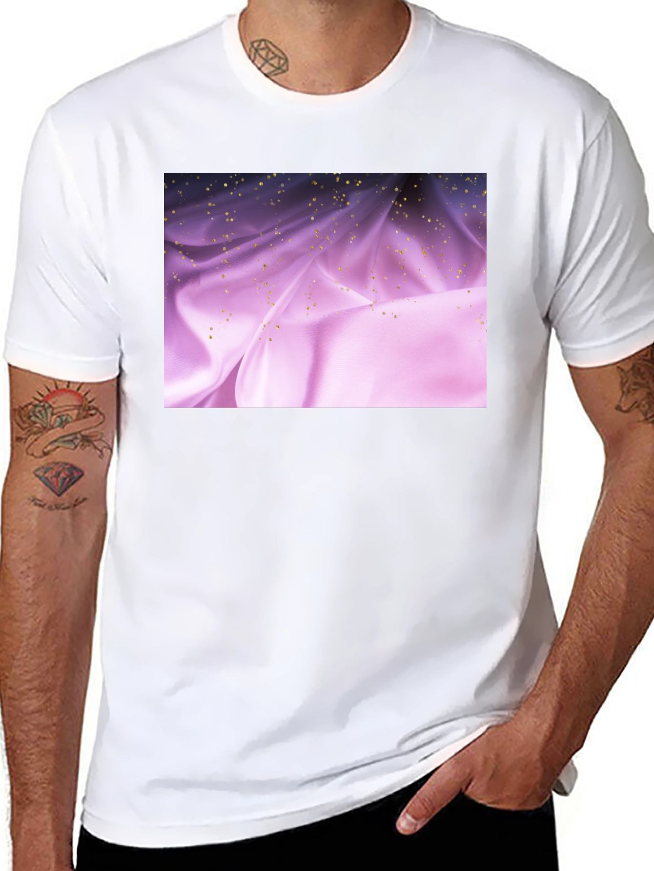 Elegant Black Tee with Shimmering Purple Fabric Design