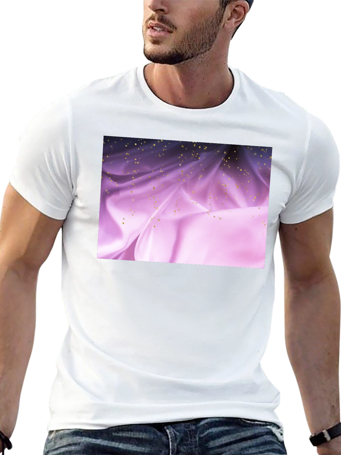 Elegant Black Tee with Shimmering Purple Fabric Design