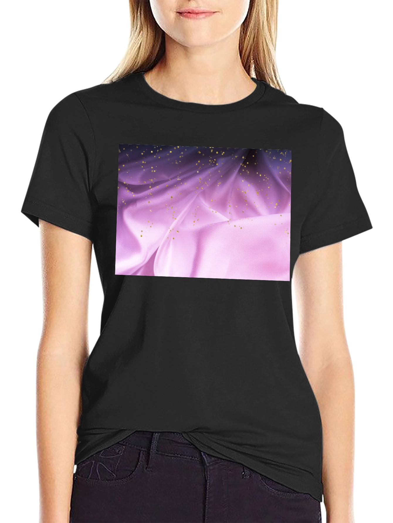 Elegant Black Tee with Shimmering Purple Fabric Design