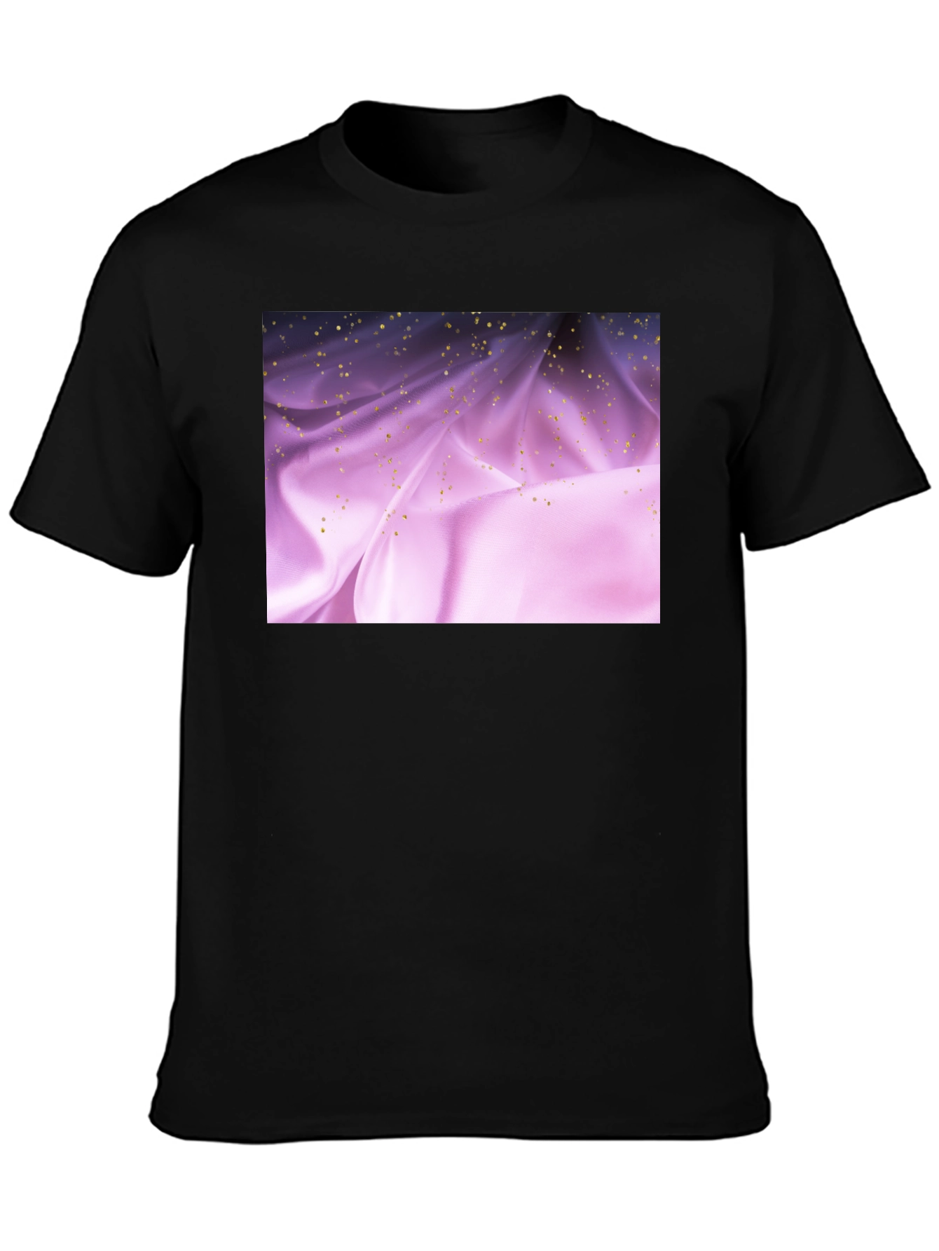 Elegant Black Tee with Shimmering Purple Fabric Design