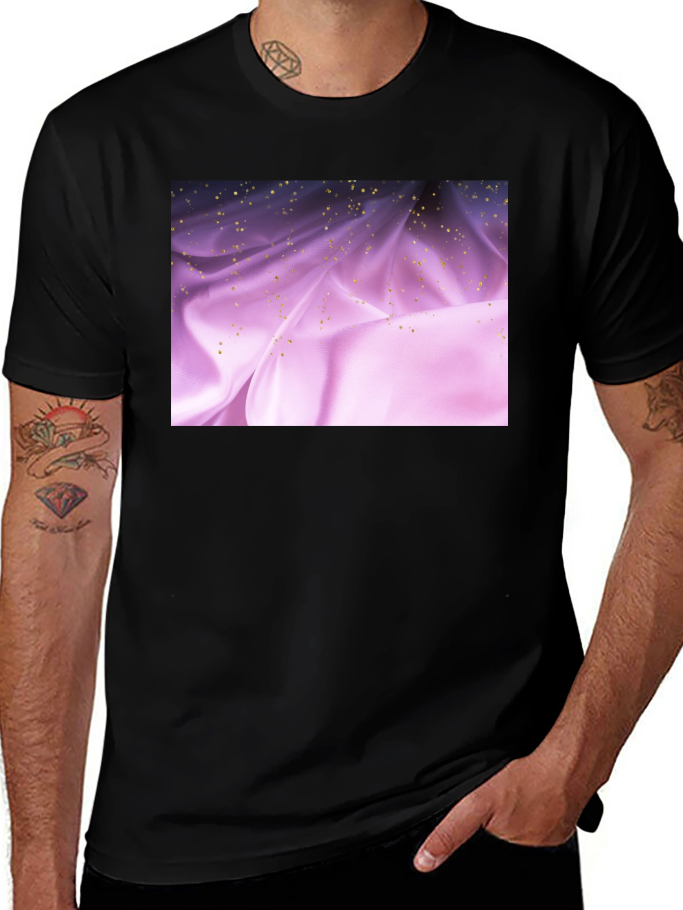 Elegant Black Tee with Shimmering Purple Fabric Design