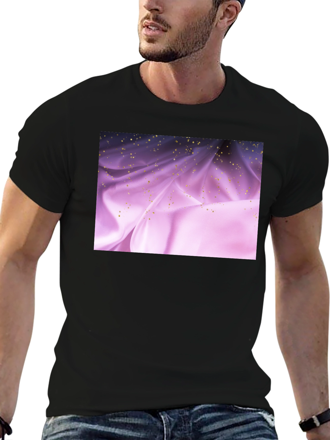 Elegant Black Tee with Shimmering Purple Fabric Design