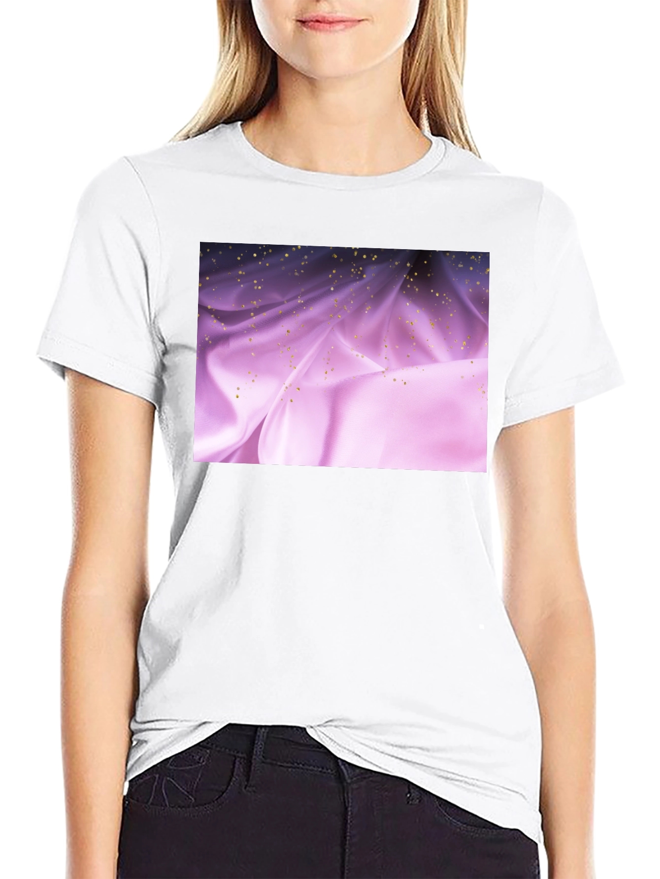 Elegant Black Tee with Shimmering Purple Fabric Design