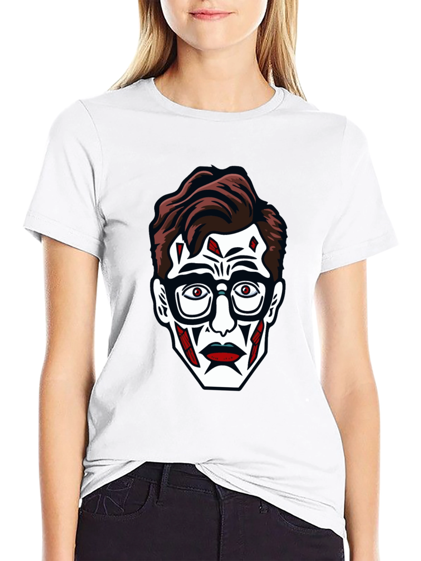 Graphic Tee: Creepy Face Print Black T-Shirt