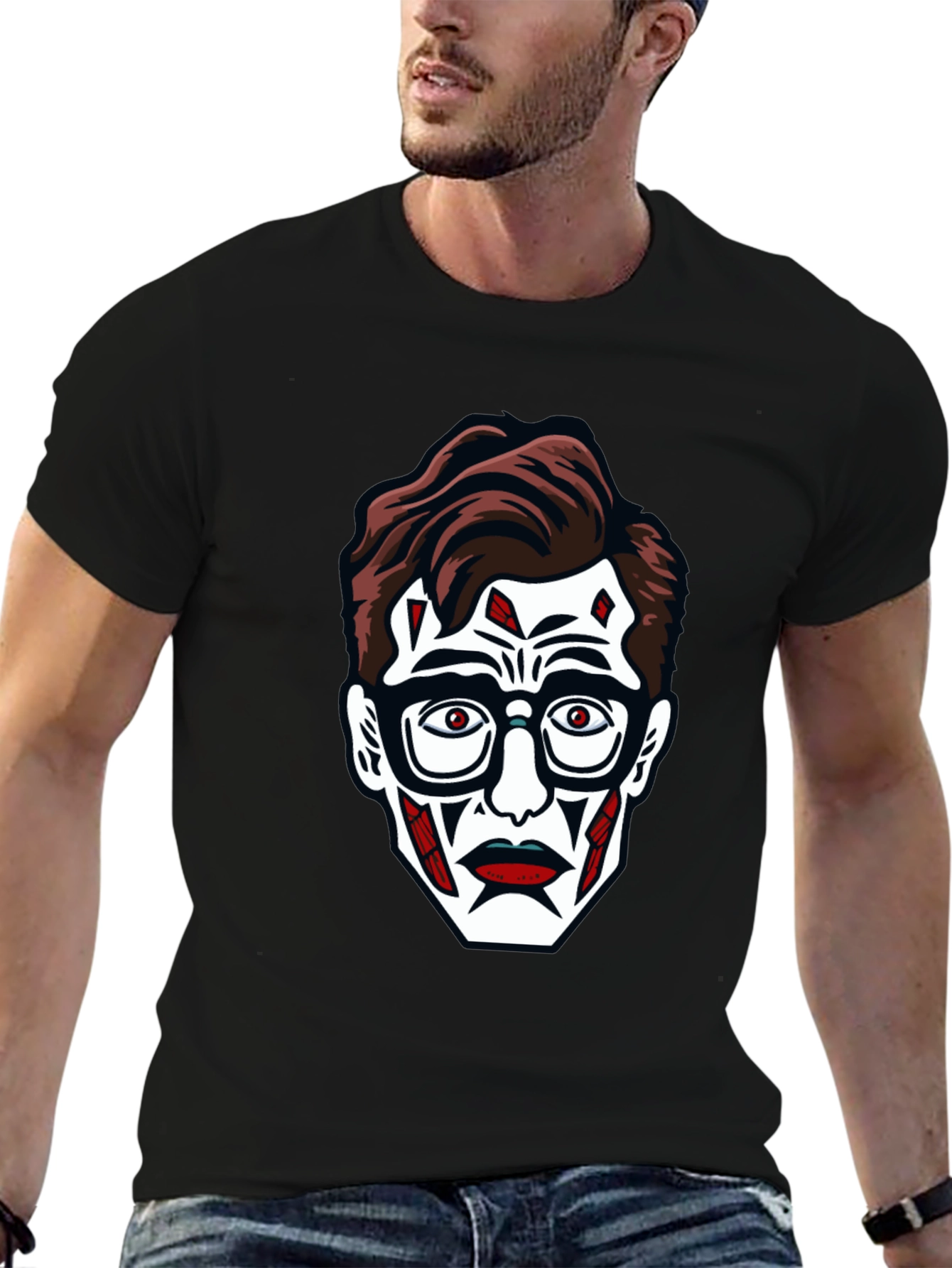 Graphic Tee: Creepy Face Print Black T-Shirt