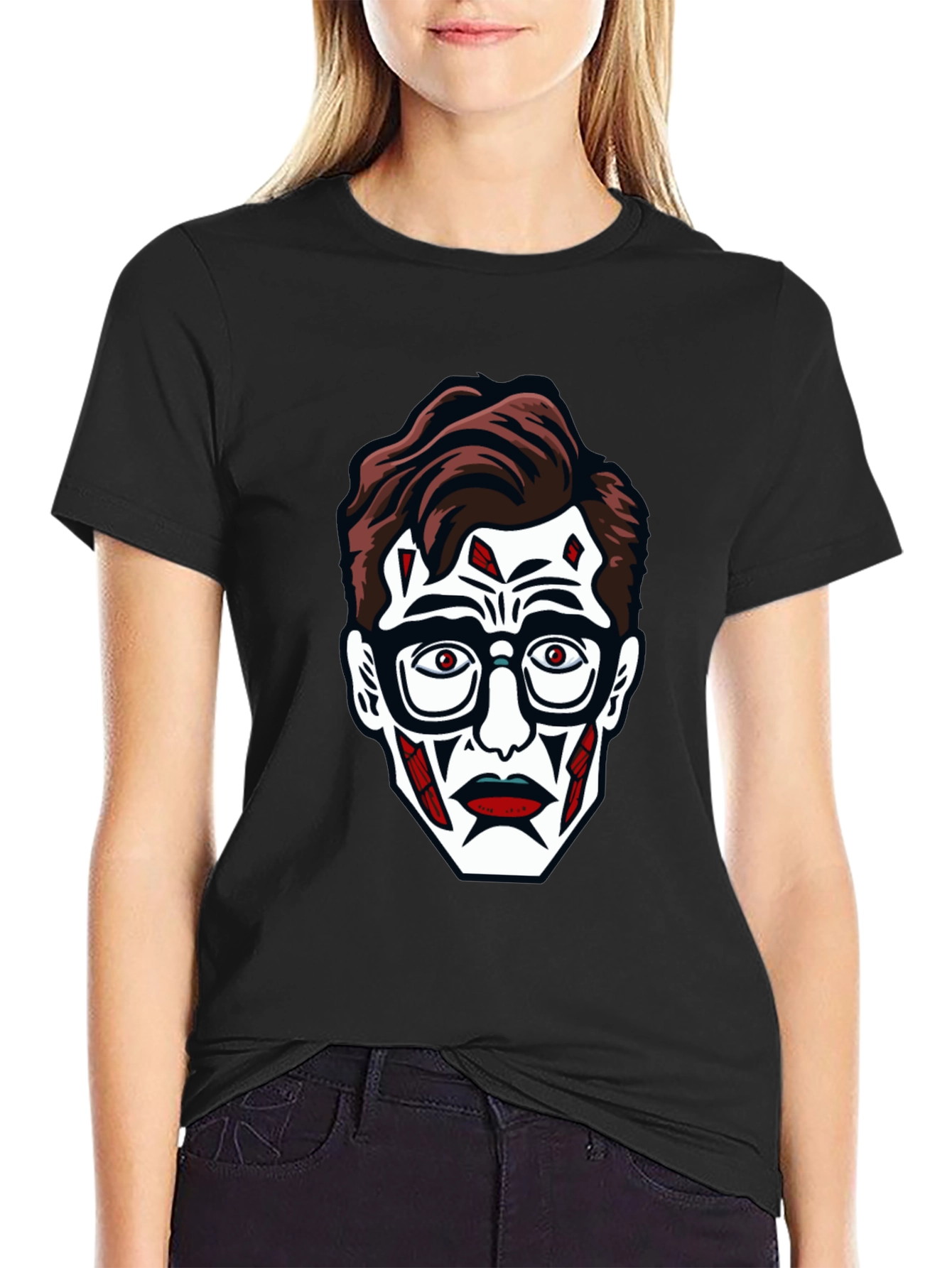 Graphic Tee: Creepy Face Print Black T-Shirt