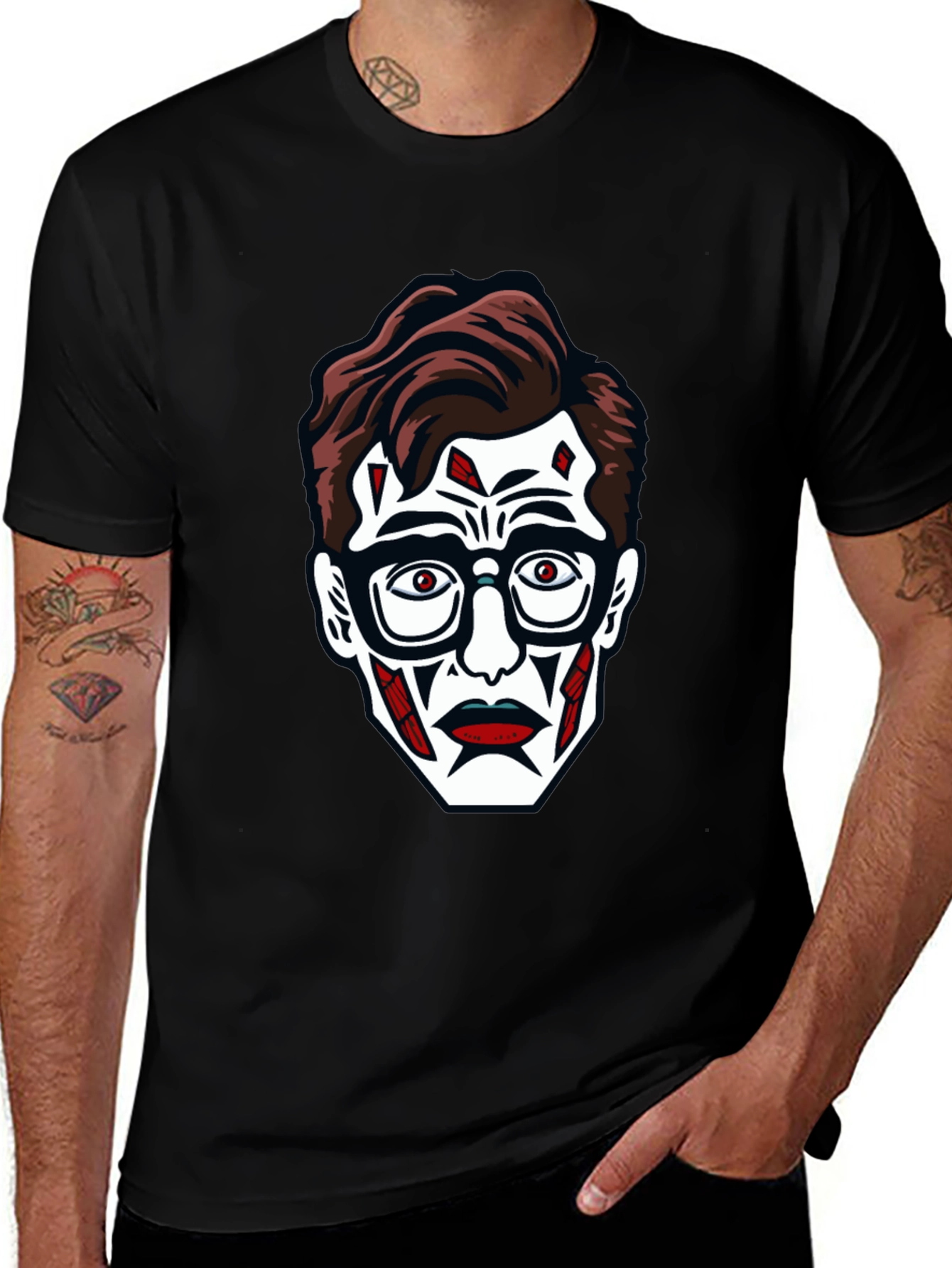 Graphic Tee: Creepy Face Print Black T-Shirt
