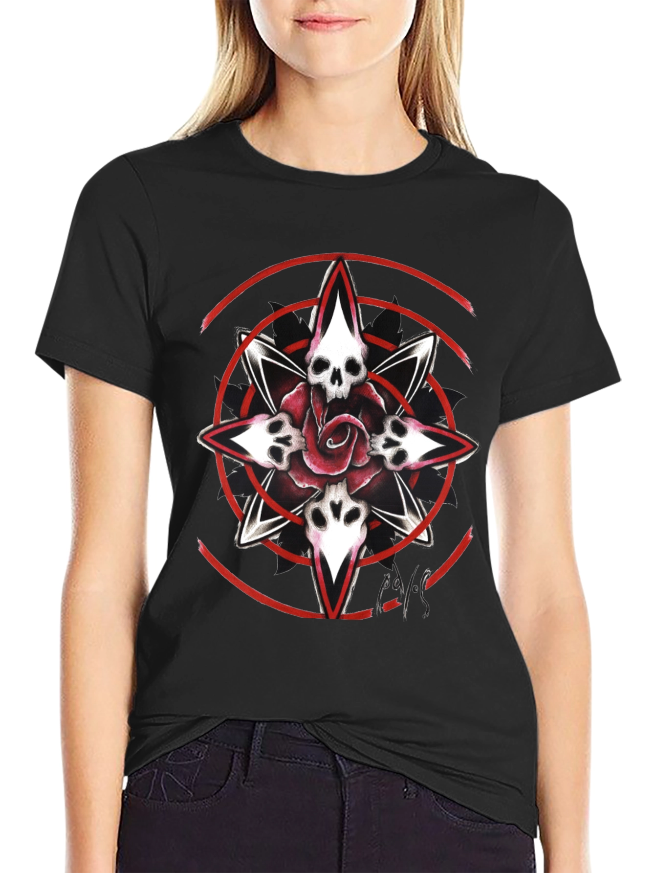 Skull Rose Graphic Print Tee - Black
