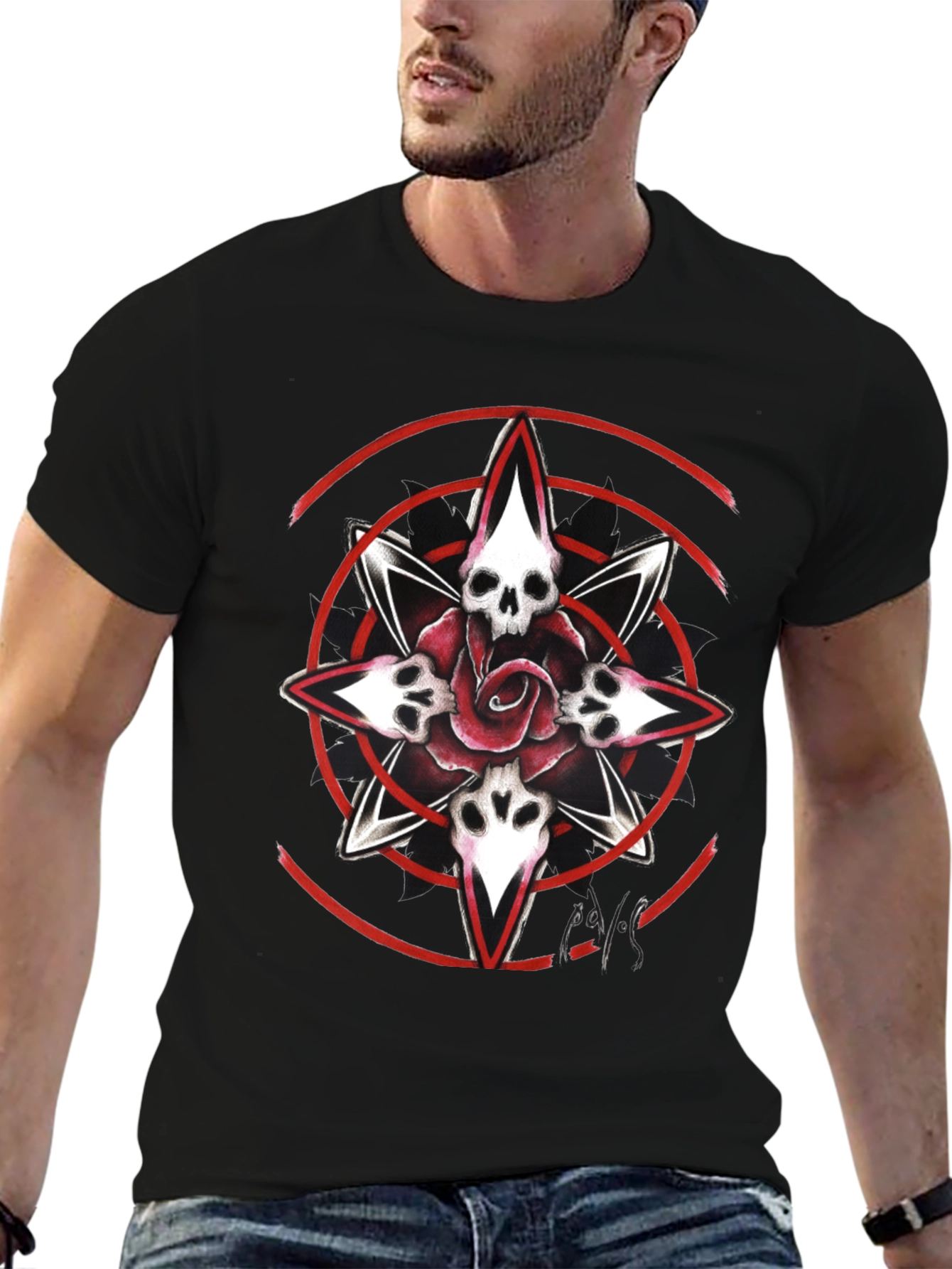 Skull Rose Graphic Print Tee - Black