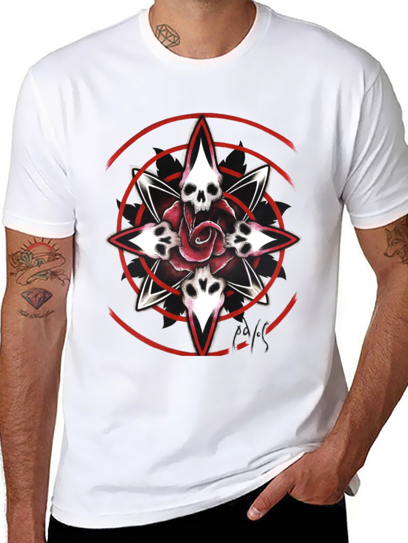 Skull Rose Graphic Print Tee - Black