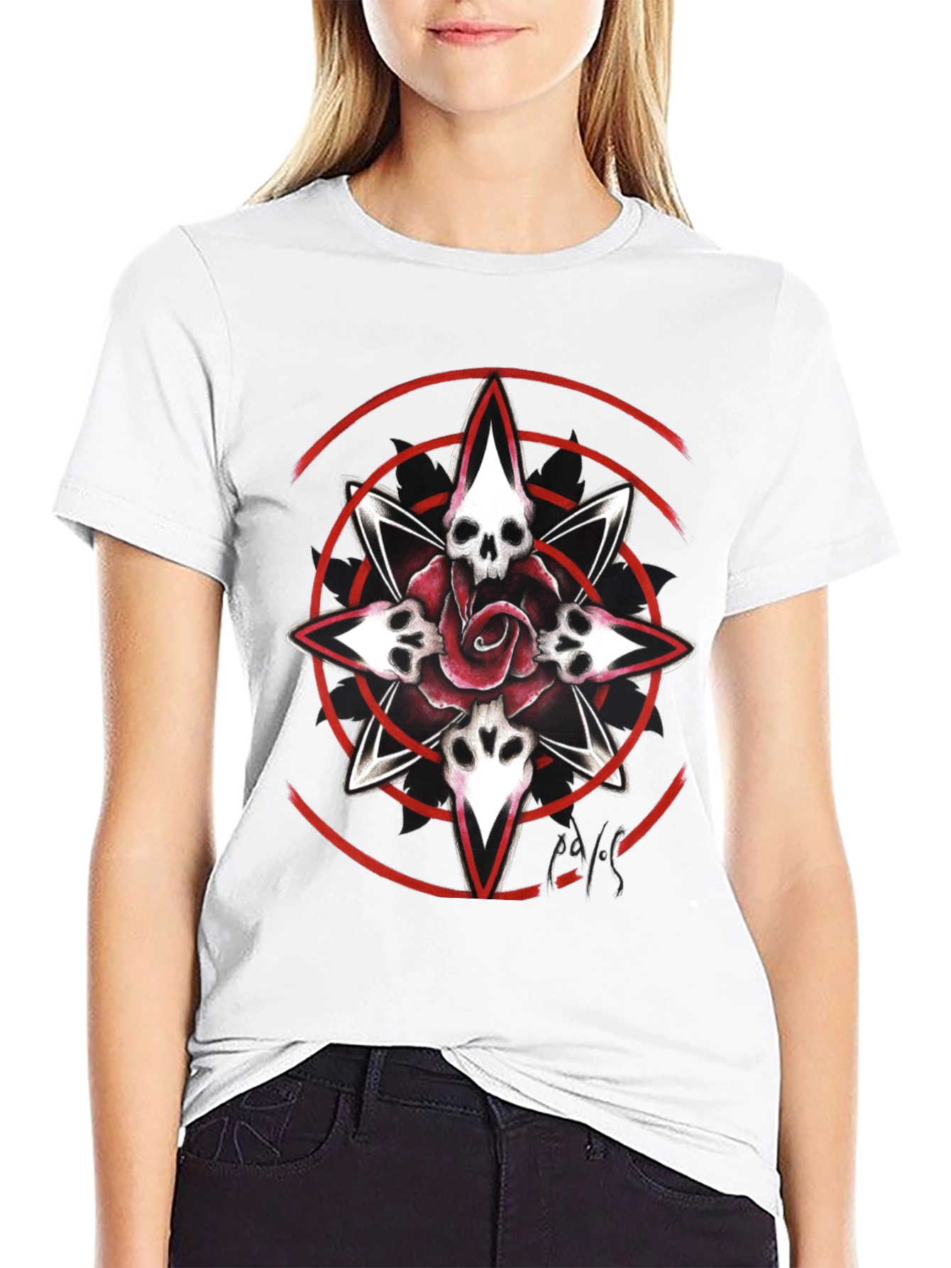 Skull Rose Graphic Print Tee - Black