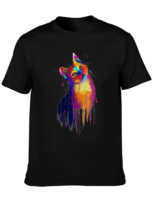 Colorful Cat Graphic Print Black T-Shirt