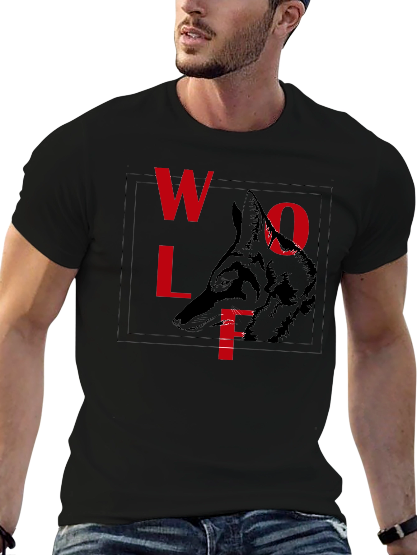 Wolf Graphic Tee - Red Letter Print Black Shirt