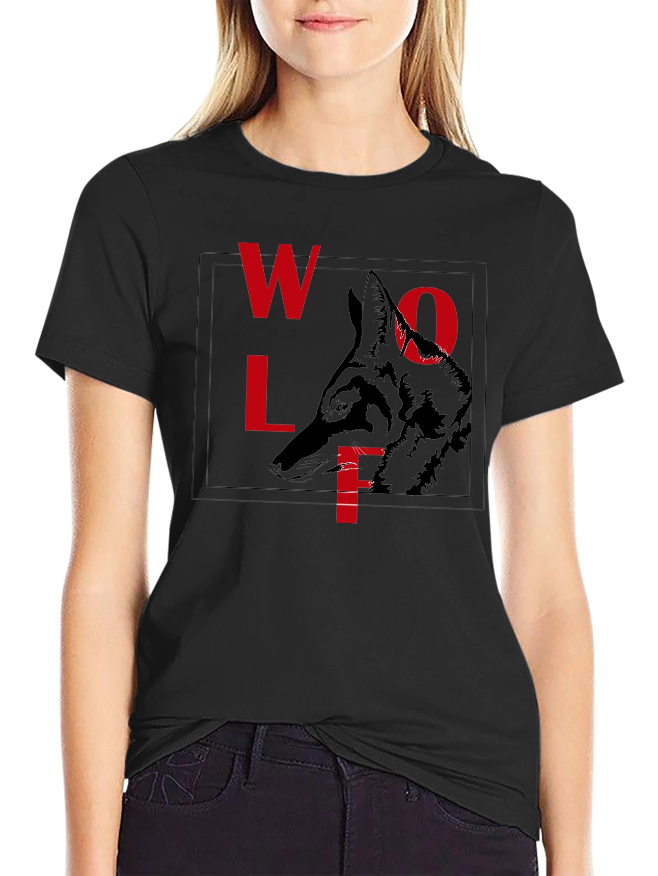 Wolf Graphic Tee - Red Letter Print Black Shirt