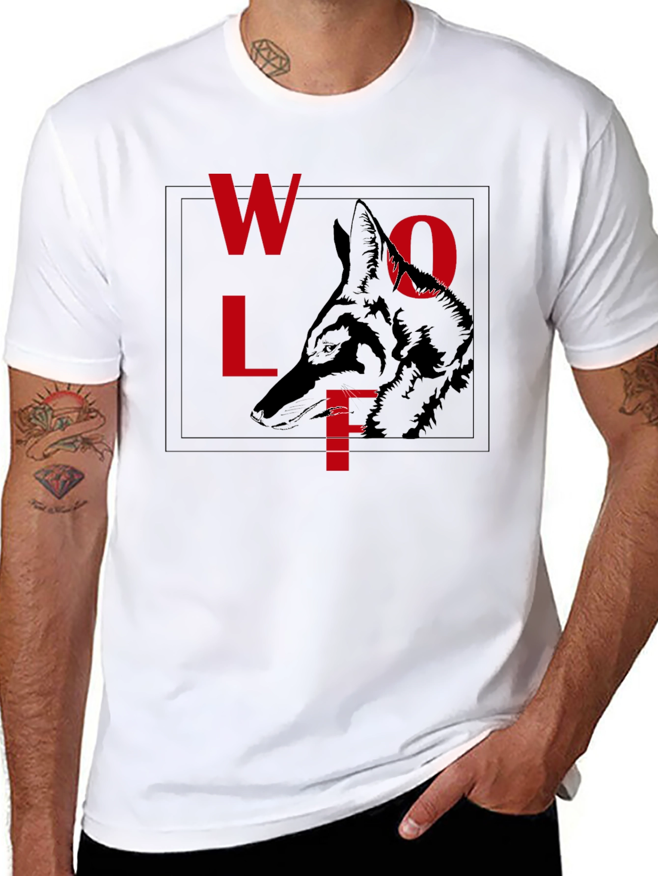 Wolf Graphic Tee - Red Letter Print Black Shirt
