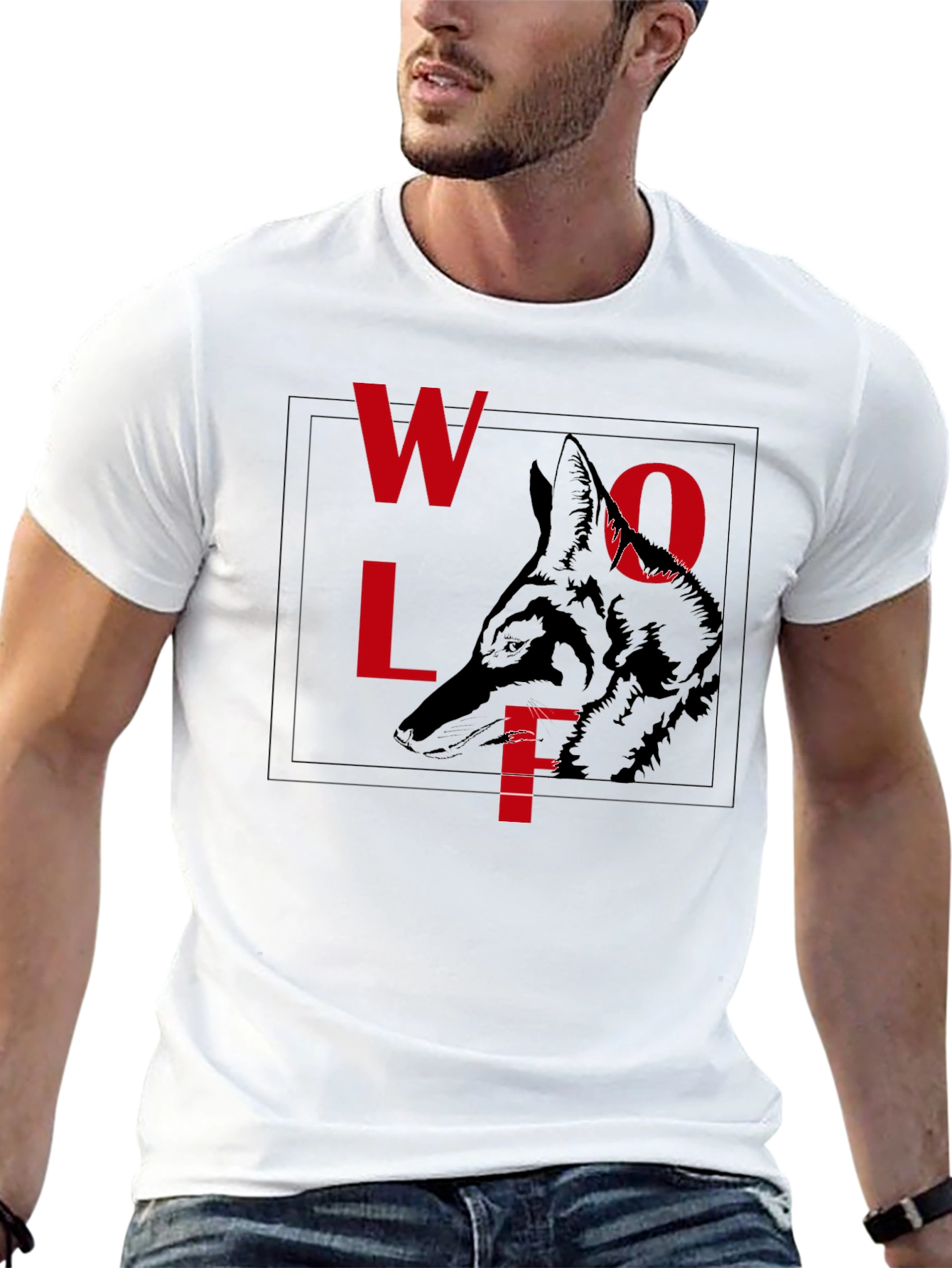 Wolf Graphic Tee - Red Letter Print Black Shirt